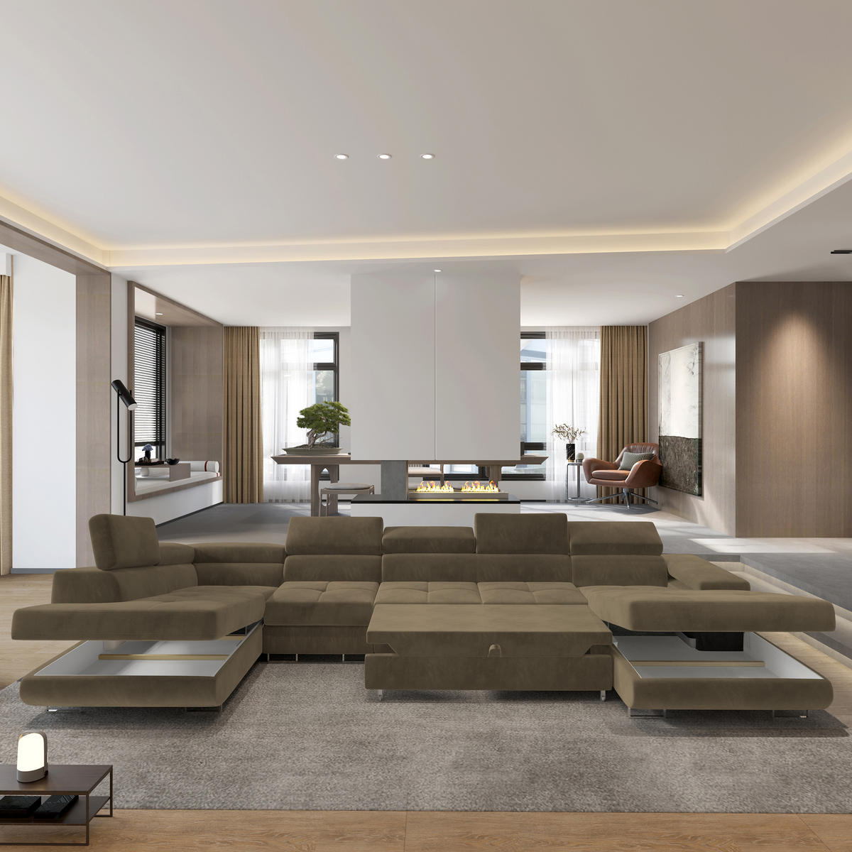 WOHNLANDSCHAFT VELORA L-S Beige Velours-Stoff mit Schlaffunktion - Beige, Holz (419/90/202cm) - MASSENO