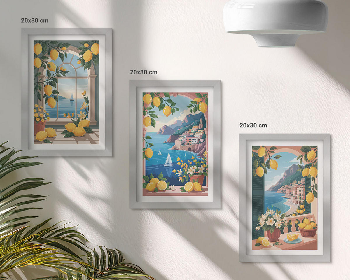 BILDER SET 3er Set - 20x30 cm Silberner Rahmen - Meerblick, italienische Zitronen - Silberfarben, Kunststoff (20/30cm) - TULUP