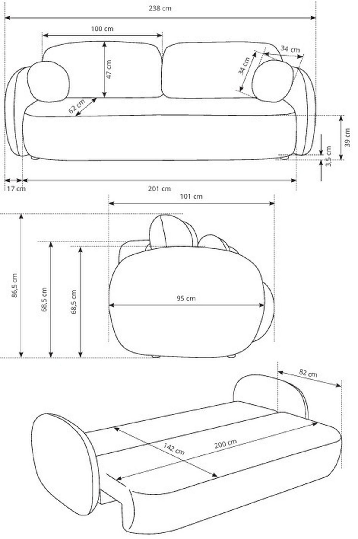 SCHLAFSOFA LIO, Sofa mit Schlaffunktion und Bettkasten, Farbe: Grau, Velourstoff - Grau, Textil (238/86/101cm) - Sepro Meble