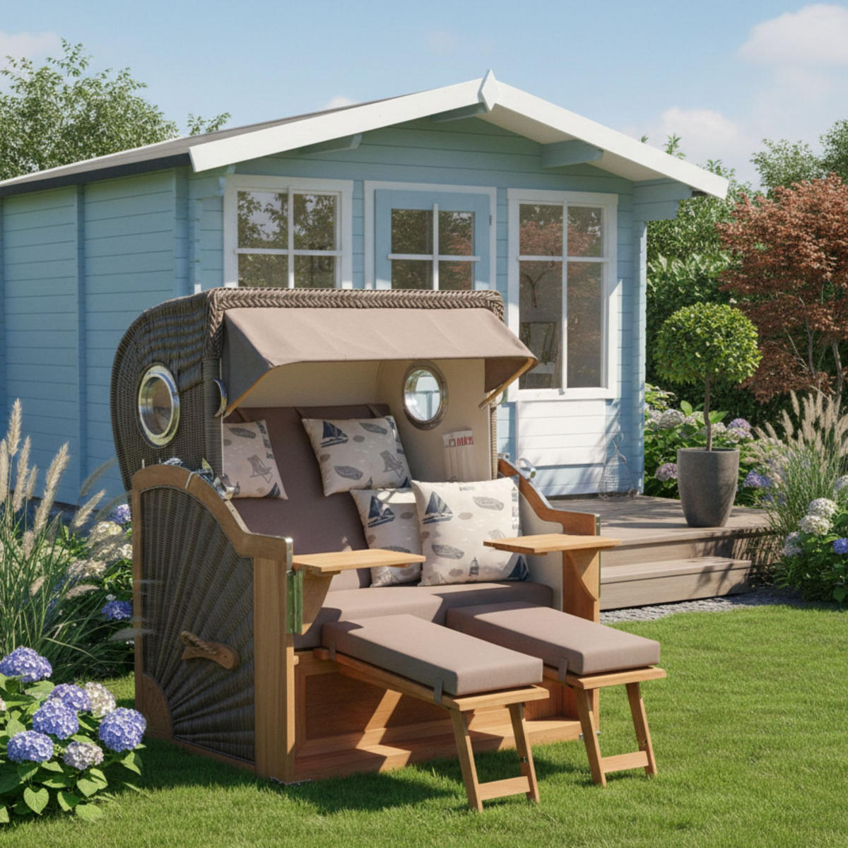 STRANDKORB Baltikum Teak 2,5 Sitzer - Taupe/Braun, Holz/Metall (142/170/95cm) - Mr. Deko