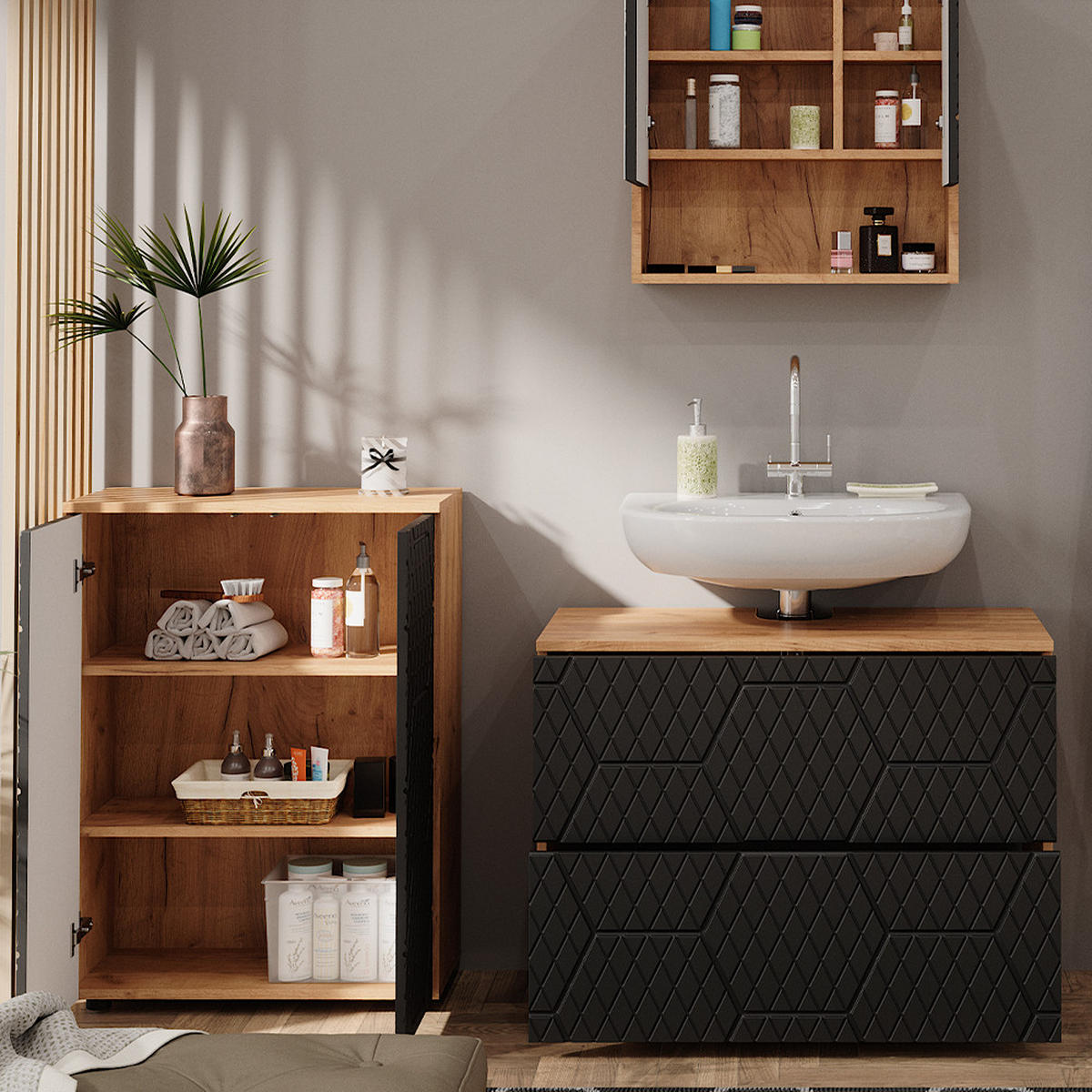 BADMÖBEL-SET Irma Anthrazit gestreift 3 Teile, mit Unterschrank 80 cm - Honigeiche/Anthrazit, Holzwerkstoff (80/58/41cm) - Vicco