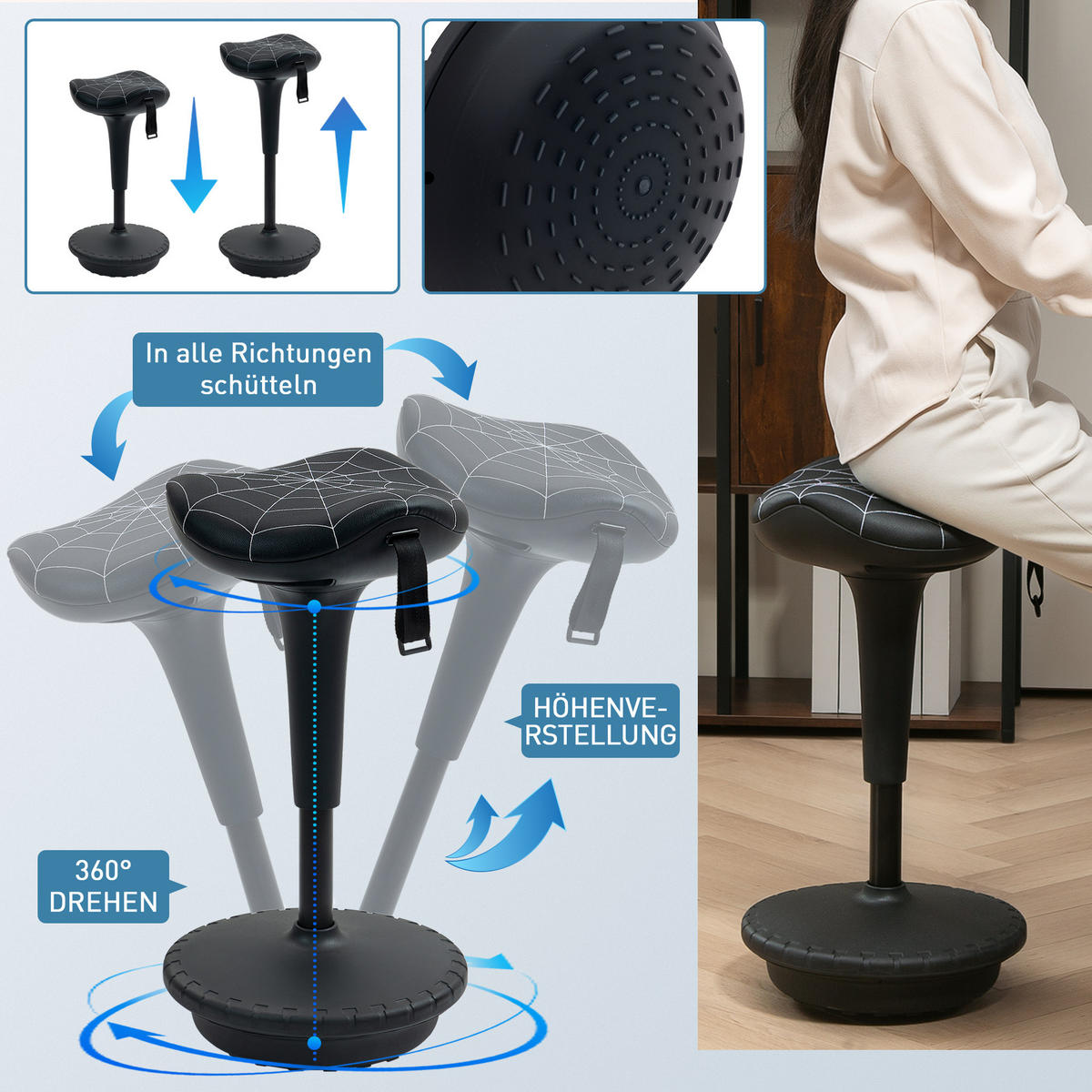 BÜROHOCKER DE-05240 Ergonomisch, höhenverstellbar & neigbar Schwarz - Schwarz, Kunststoff (34/83.5/34cm) - ComfortXL