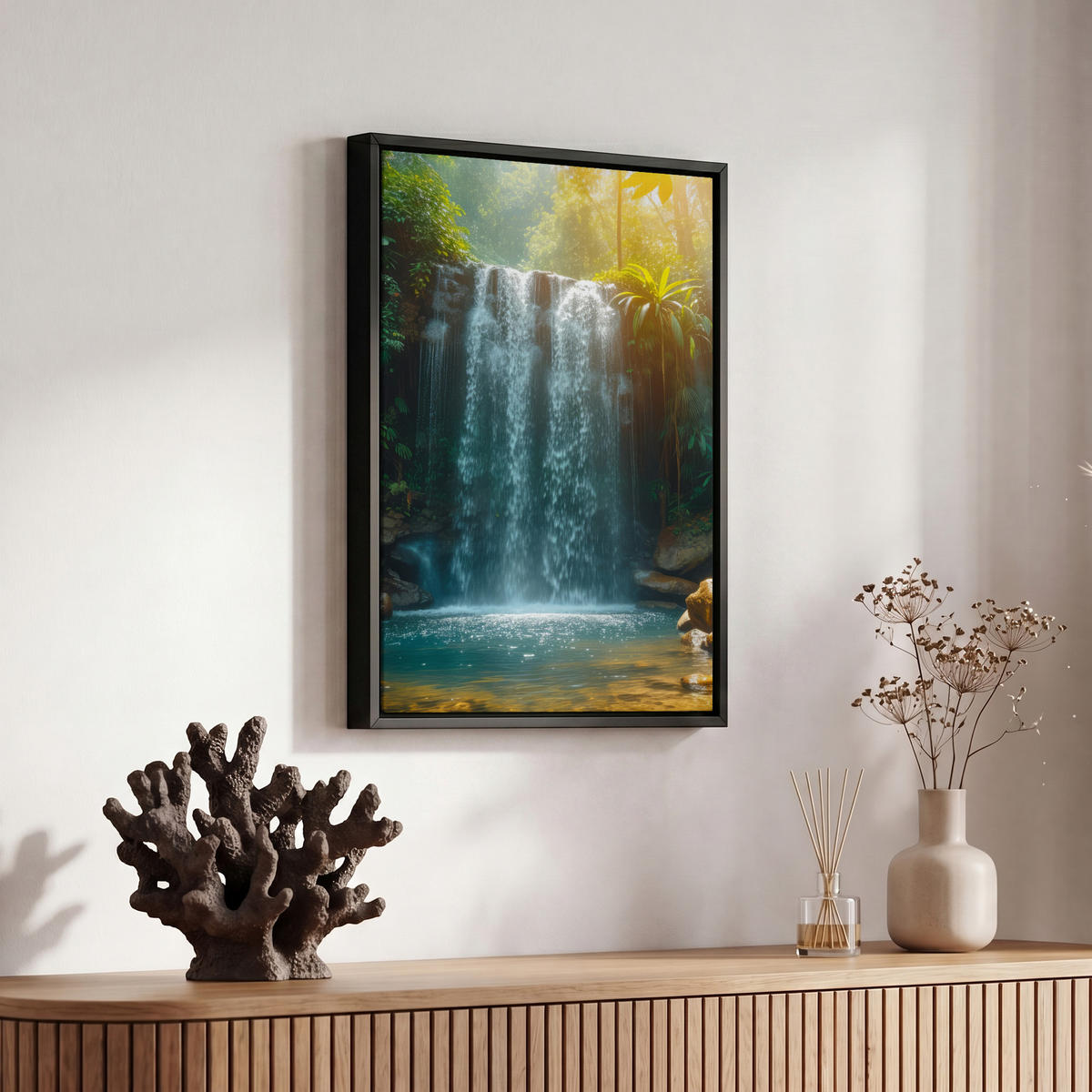 LEINWAND Bilder mit Rahmen - Wasserfall - Dschungel - Sonne - Grün - Natur - 20x30 - Grün, Textil (20/30cm) - MuchoWow