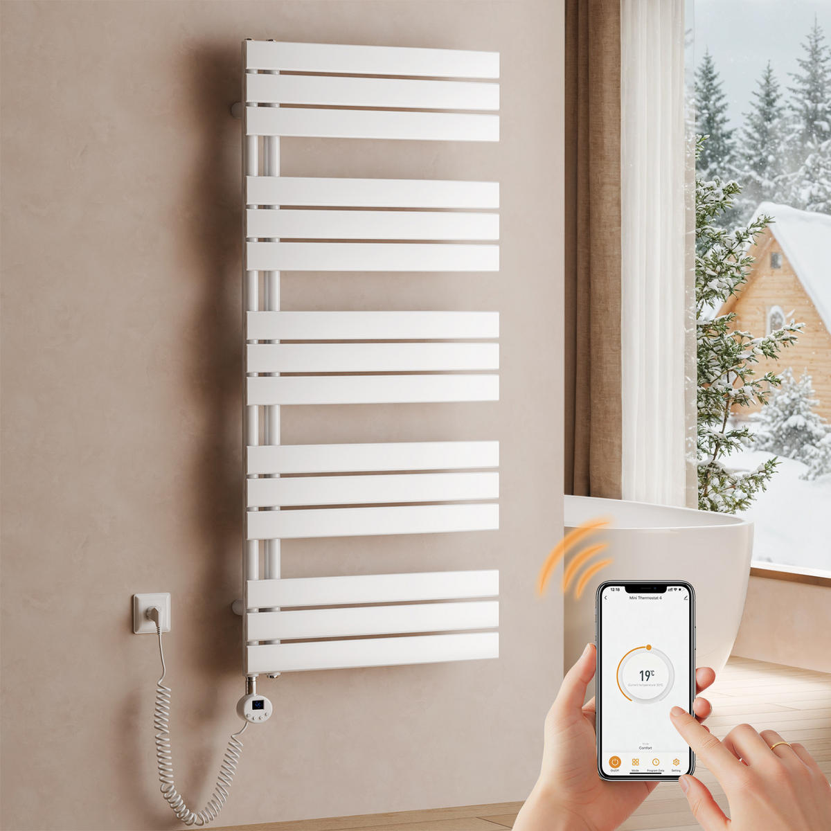 HANDTUCHHEIZKÖRPER 132/60 cm weiß elektrisch 800 W mit WLAN-Thermostat - Weiß, Metall (60/132/5.9cm) - S'AFIELINA