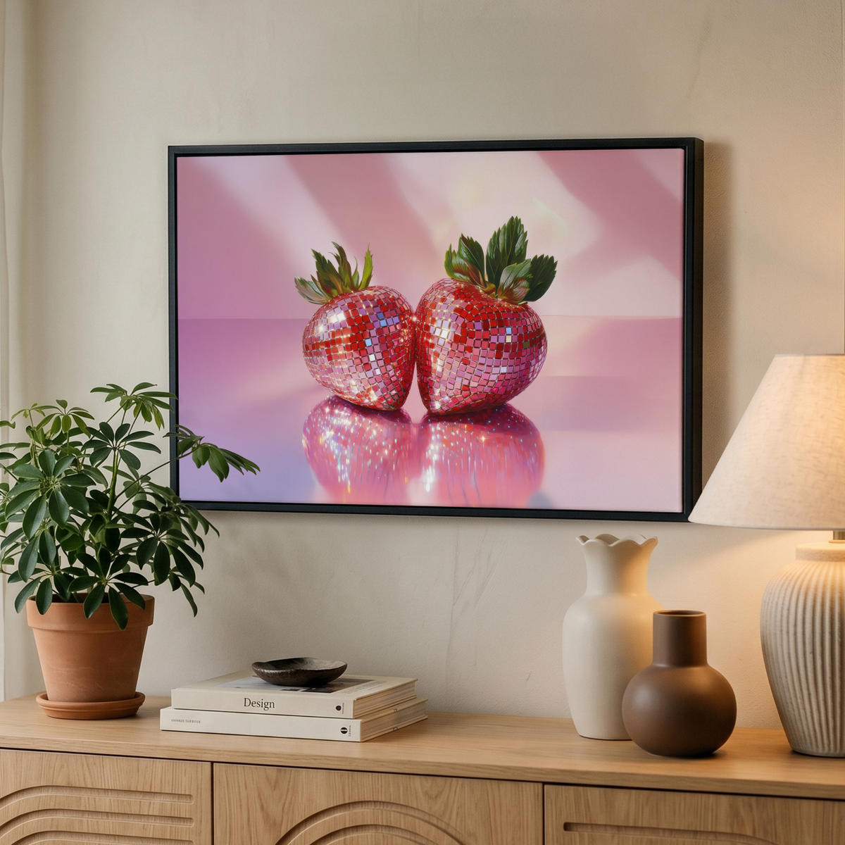 LEINWAND Bilder mit Rahmen - Disco - Obst - Glitzer - Erdbeere - 60x40 - Pink, Textil (60/40cm) - MuchoWow