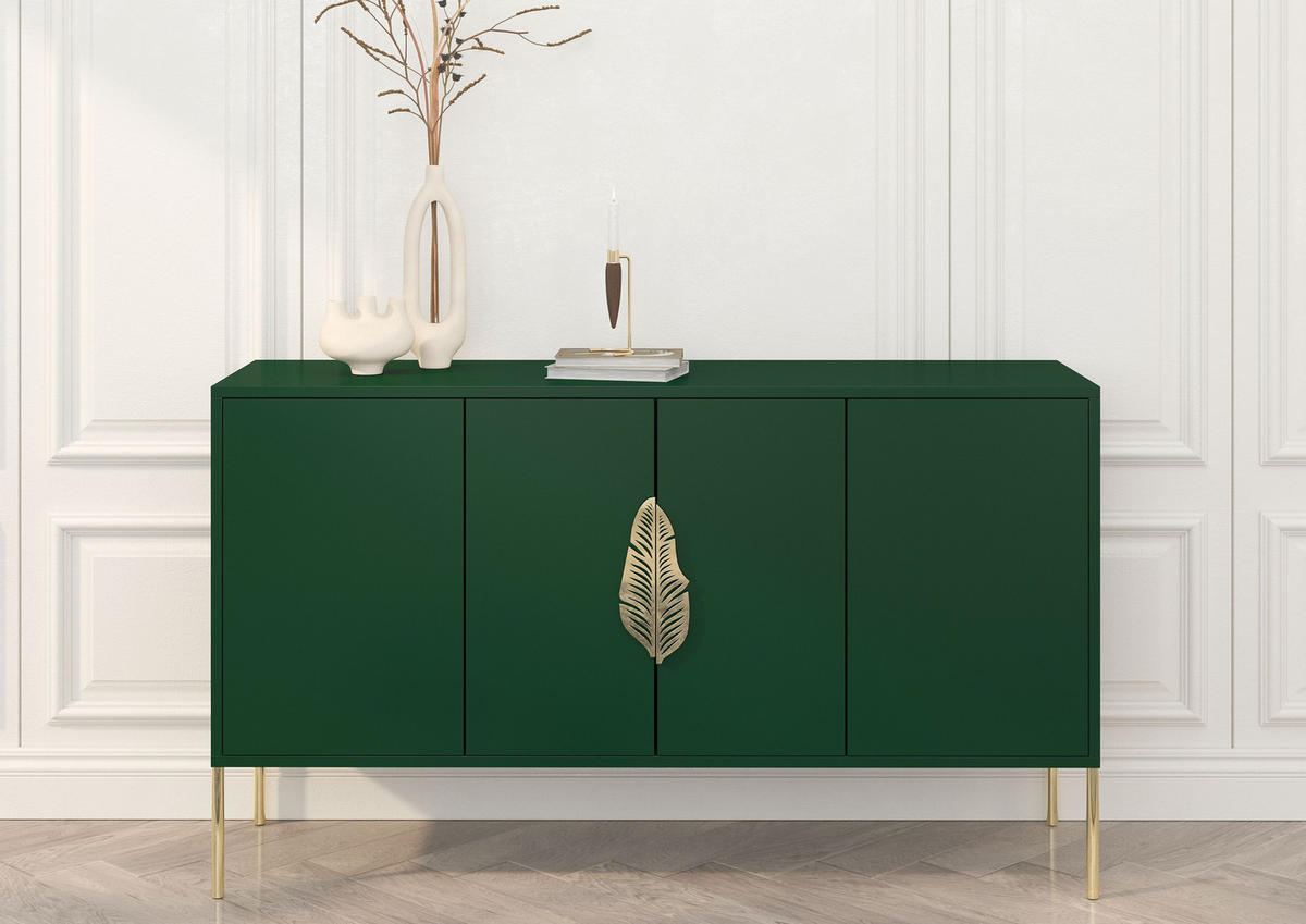 SIDEBOARD Merlin, Grün, Goldene Details - Dunkelgrün/Goldfarben, Holzwerkstoff/Metall (138/79/40cm) - Skandica