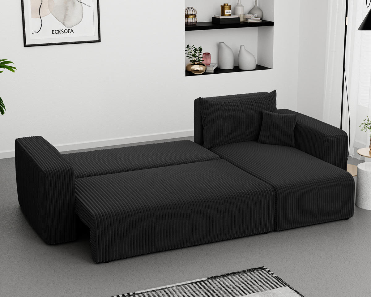 ECKSOFA Schwarz Cord-Stoff mit Bettkasten - Schwarz, Textil (248/145cm) - Idohome