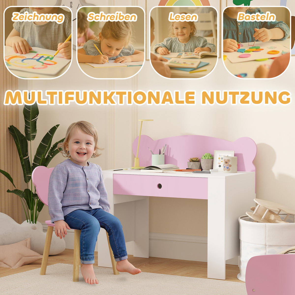 KINDERSCHREIBTISCH Set mit Tischplatte & Schublade Kinder Schreibtisch und Stuhl - Rosa, Holz (41/74.5/80cm) - AIYAPLAY