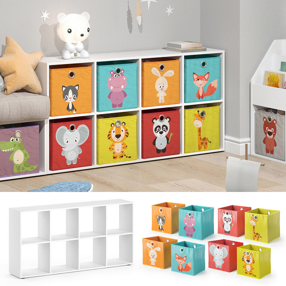 KINDERREGAL Scutum Weiß 143 x 72 cm mit 8 Faltboxen - Weiß, Holzwerkstoff (143/72/29cm) - Vicco