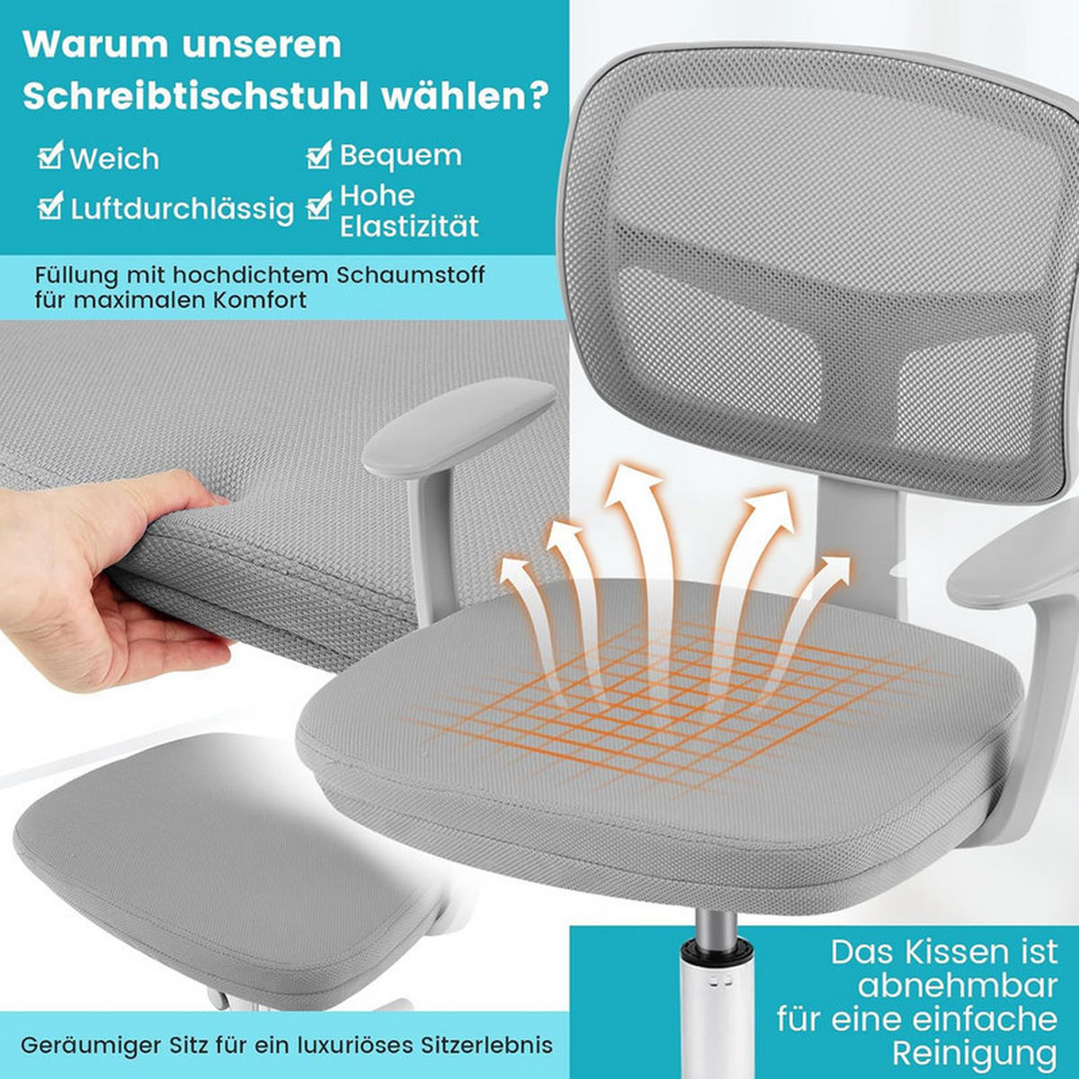 KINDER‑BÜROSTUHL 360°drehbar grau - Grau, Kunststoff (54/80/54cm) - COSTWAY