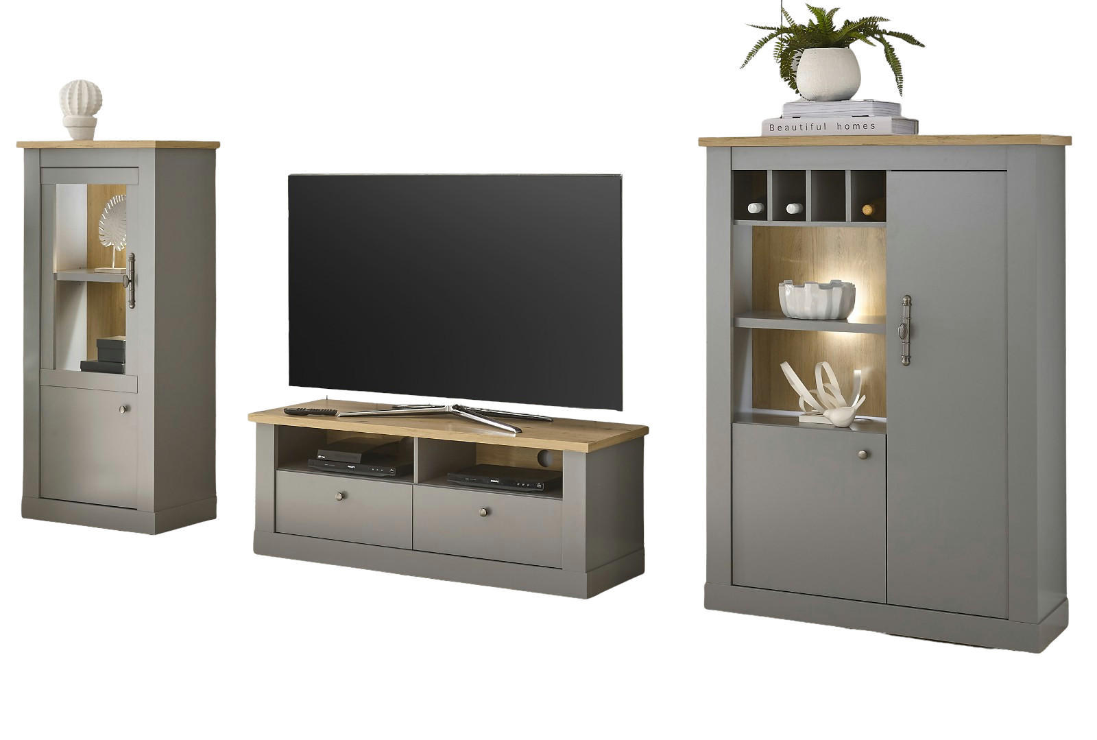 WOHNWAND 3-teilig 323cm grau, Artisan Eiche, Wohnkombination im Landhaus-Stil - Silberfarben/Hellgrau, Holzwerkstoff/Metall (323/142/44cm) - Furn.Design