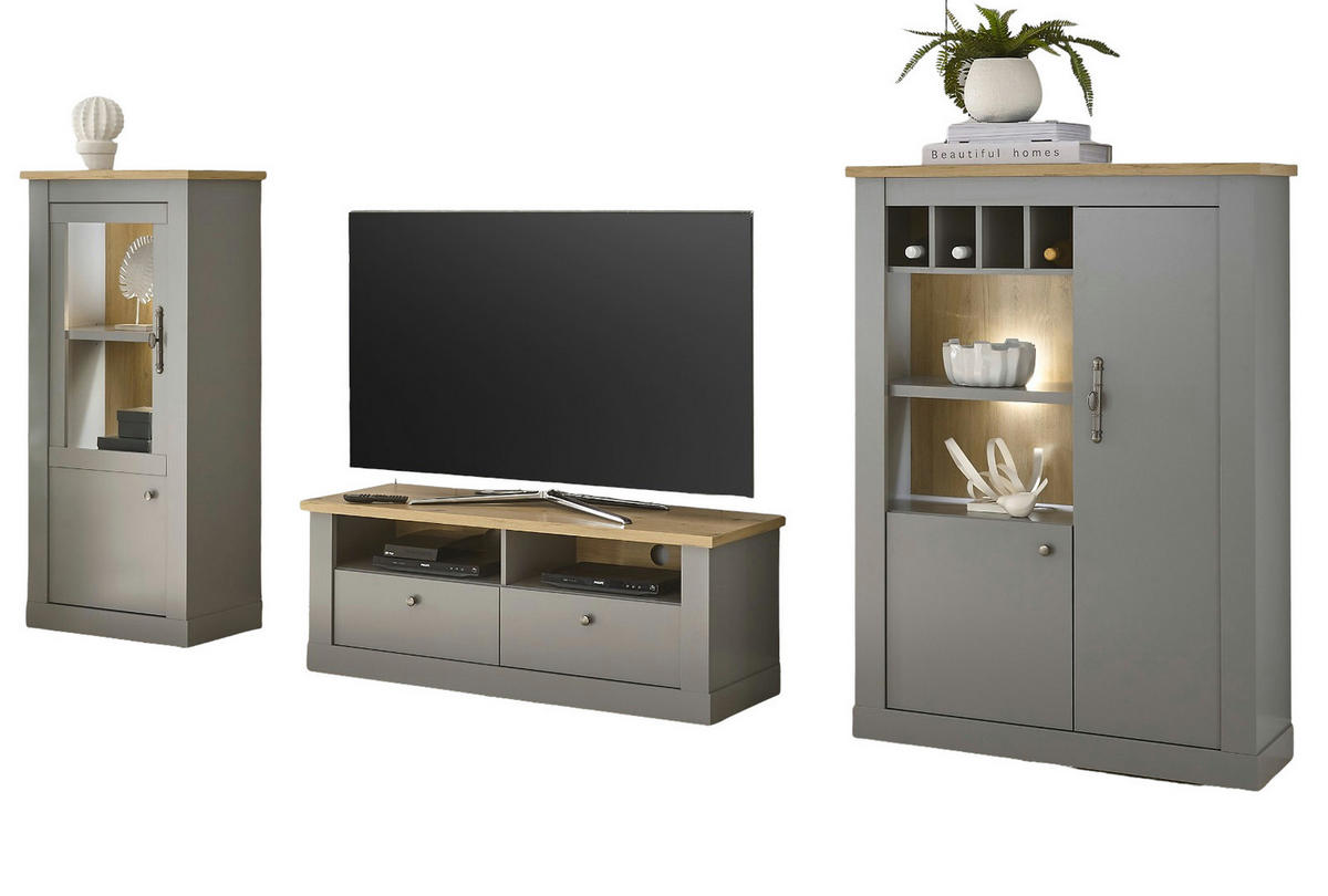 WOHNWAND 3-teilig 323cm grau, Artisan Eiche, Wohnkombination im Landhaus-Stil - Silberfarben/Hellgrau, Holzwerkstoff/Metall (323/142/44cm) - Furn.Design