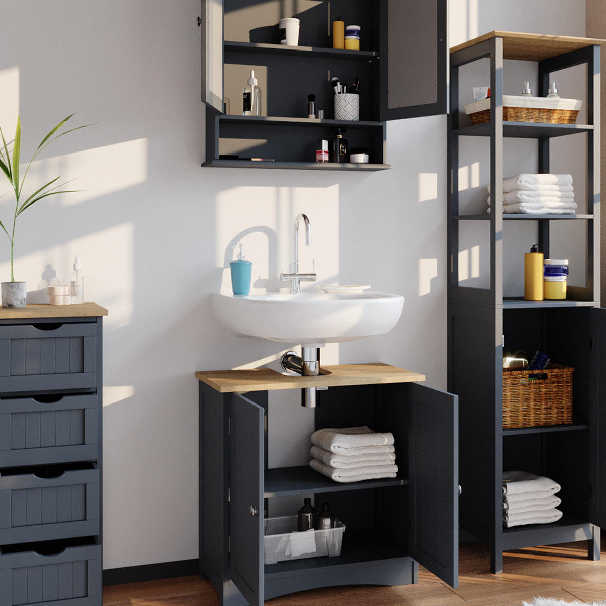 BADMÖBEL-SET Bianco Grau 4 Teile - Grau, Holzwerkstoff (60/60/30cm) - Vicco
