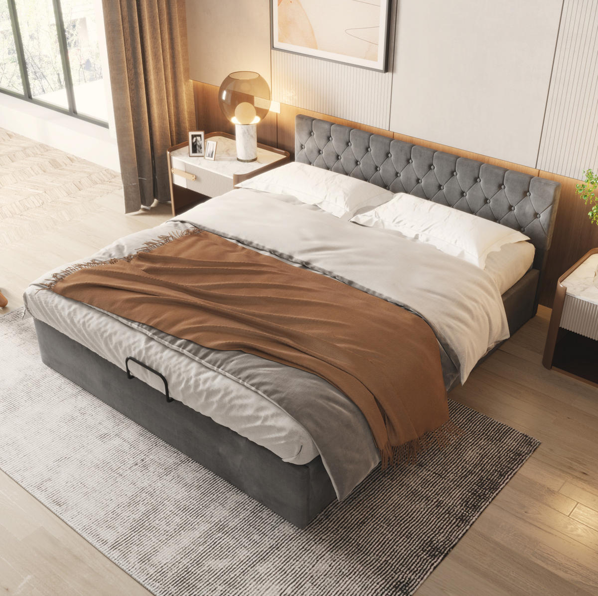 POLSTERBETT 180/200 cm Grau aus Samt mit Stauraum - Grau, Textil (180/200cm) - OKMYHOME
