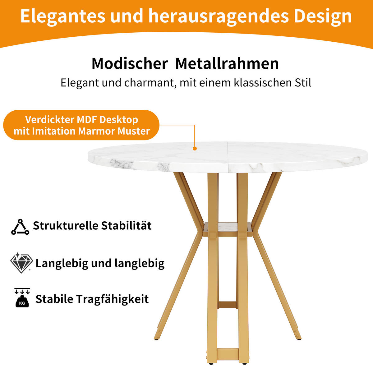 ESSTISCH Rund Weiß Marmoroptik mit Goldbeinen - Weiß, Holzwerkstoff/Metall (100/100/76cm) - Urban Meuble