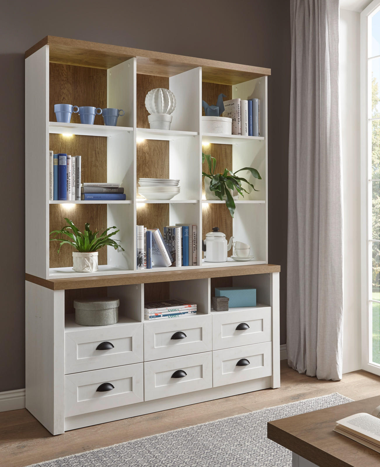 BUFFETSCHRANK weiß Pinie, Eiche hell Landhaus, Buffet 130 x 179 cm - Eichefarben/Schwarz, Holzwerkstoff/Metall (130/179/43cm) - Furn.Design