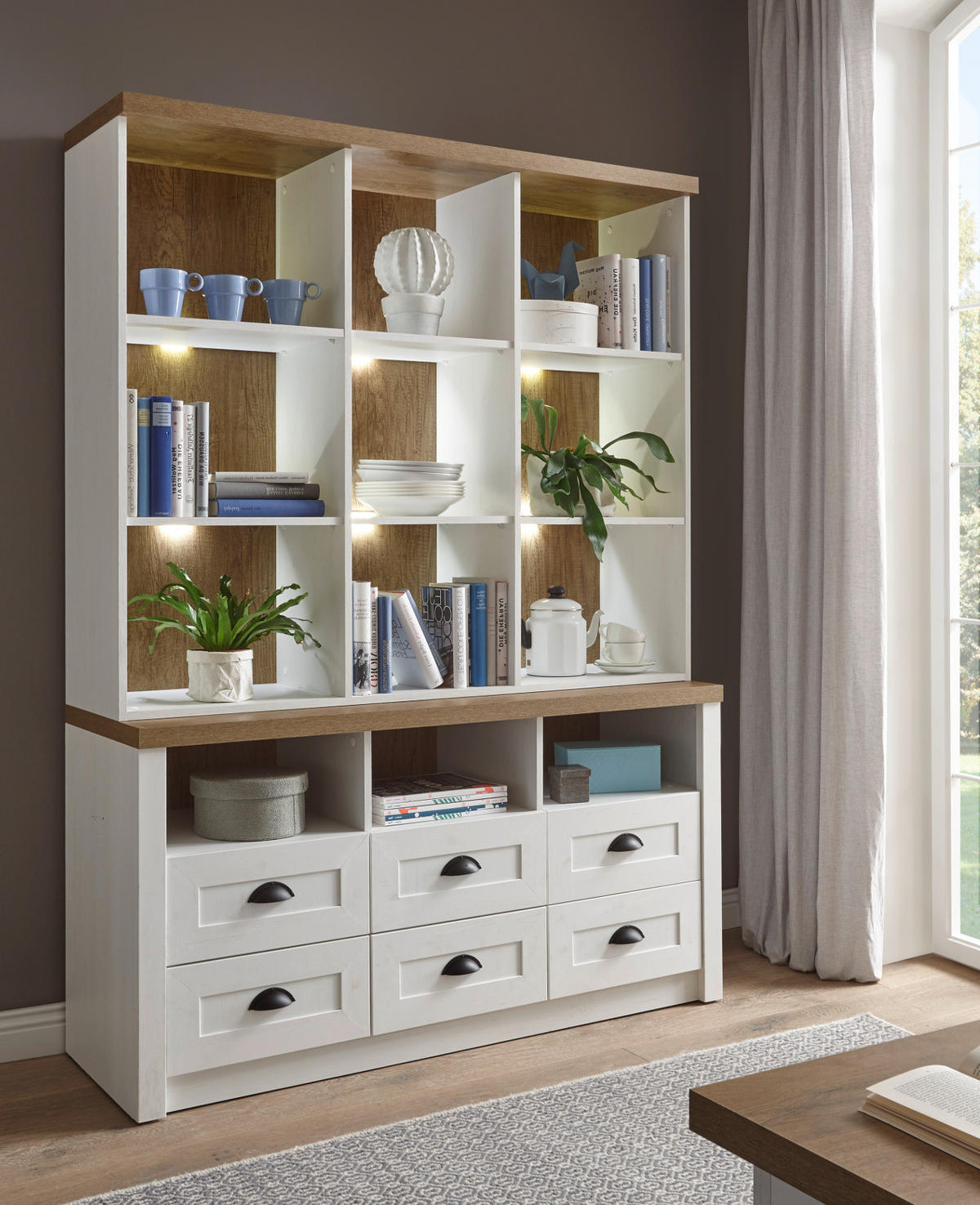 BUFFETSCHRANK weiß Pinie, Eiche hell Landhaus, Buffet 130 x 179 cm - Eichefarben/Schwarz, Holzwerkstoff/Metall (130/179/43cm) - Furn.Design