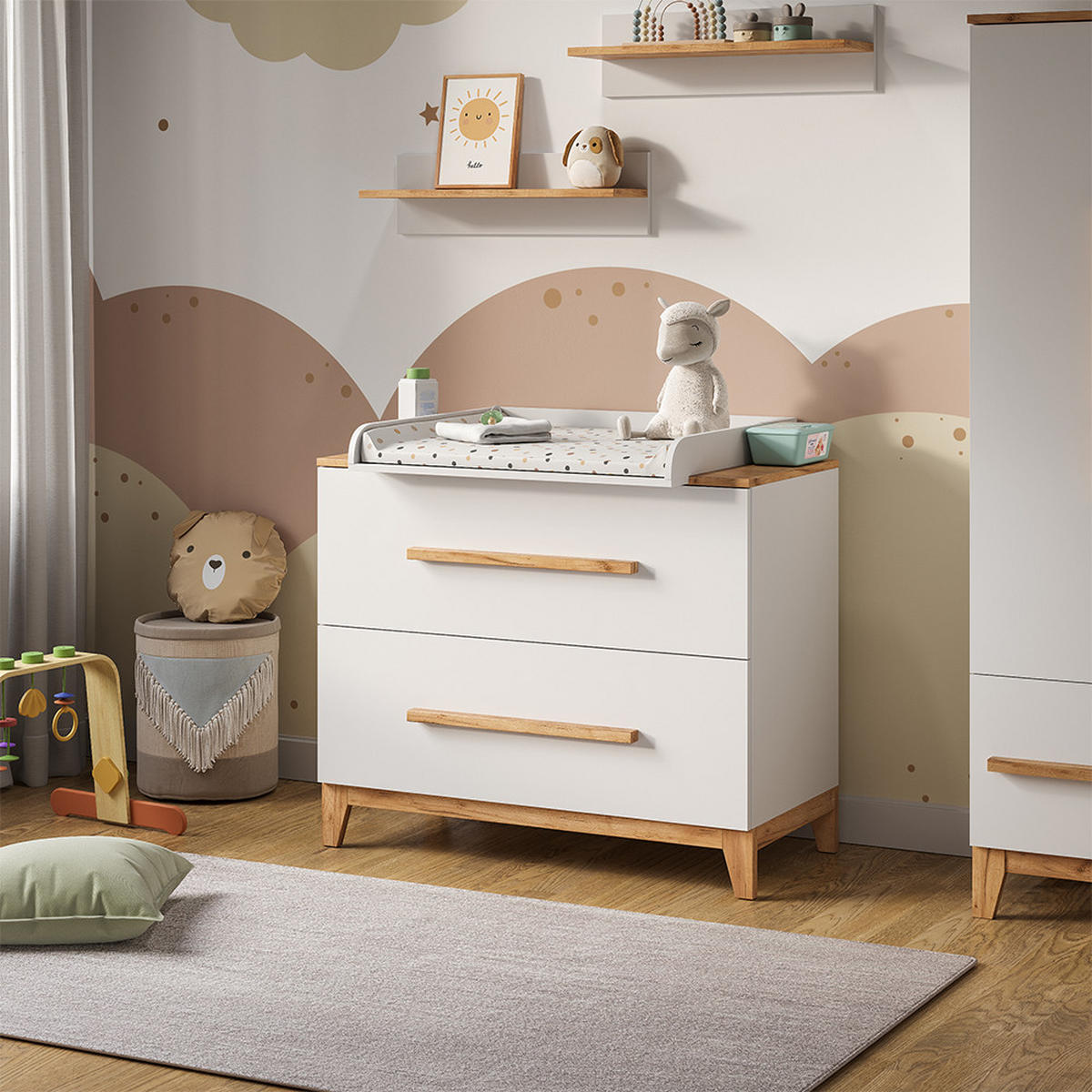 WICKELKOMMODE Malia Weiß/Artisan 108 x 98 cm mit 2 Schubladen - Hellgrau/Weiß, Holzwerkstoff (108/98/70cm) - VitaliSpa