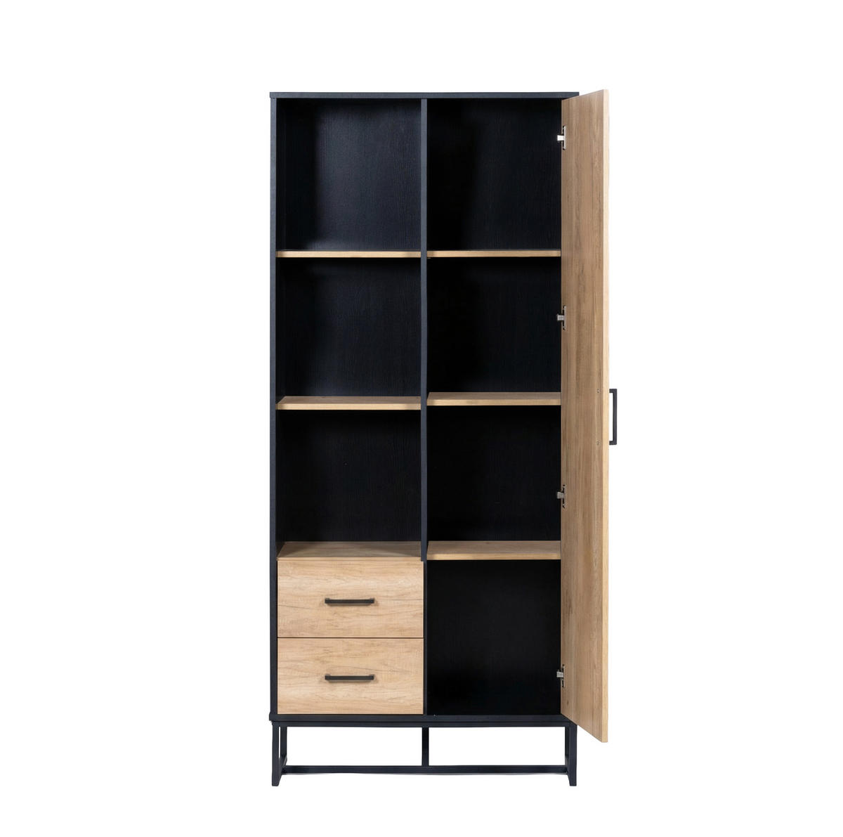HIGHBOARD mit 1 Tür, 2 Schubladen 80x40x180 cm MDF Schwarz/Holzoptik - Schwarz, Holzwerkstoff (40/180/80cm) - Beauniv