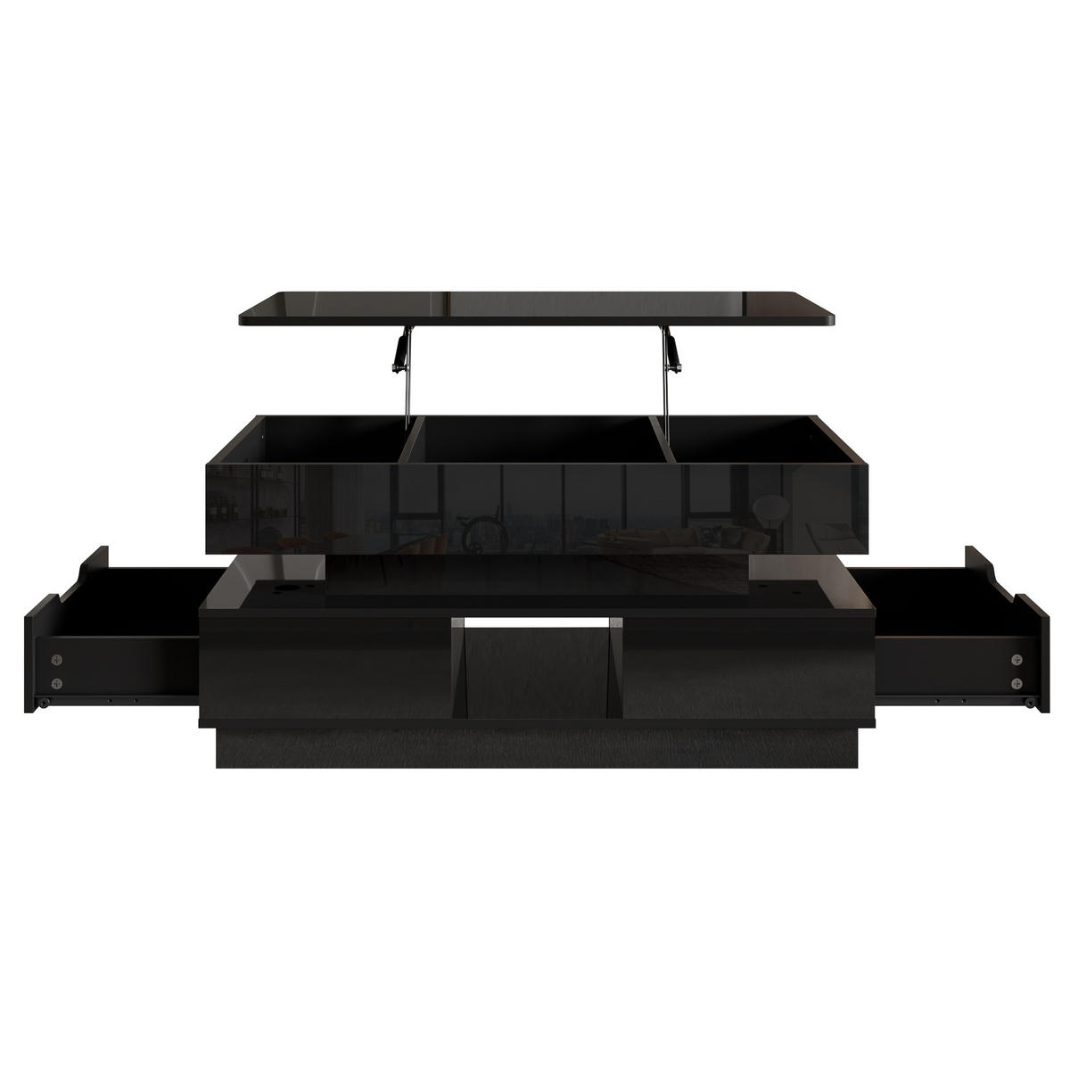 COUCHTISCH Schwarz 90/48/42,5 cm mit LED-Beleuchtung und Hubfunktion - Schwarz, Holzwerkstoff (48/90/42.5cm) - PANGIVO