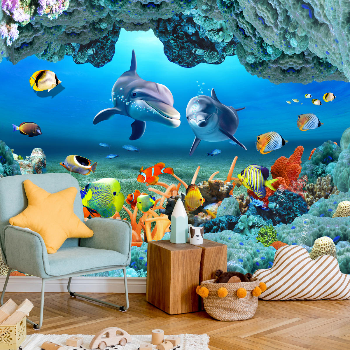 FOTOTAPETE für Badezimmer Unterwasser Korallenriff Delfin Fisch 350x256 - Türkis/Gelb, Papier (350/256cm) - Muralo