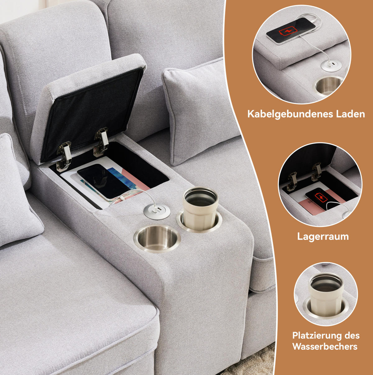 4-SITZER Sofa Leinenstoff mit Konsole 2 Getränkehaltern und 2 USB-Anschluss 290/83/88 cm Hellgrau - Hellgrau, Textil (88/290/83cm) - Redom