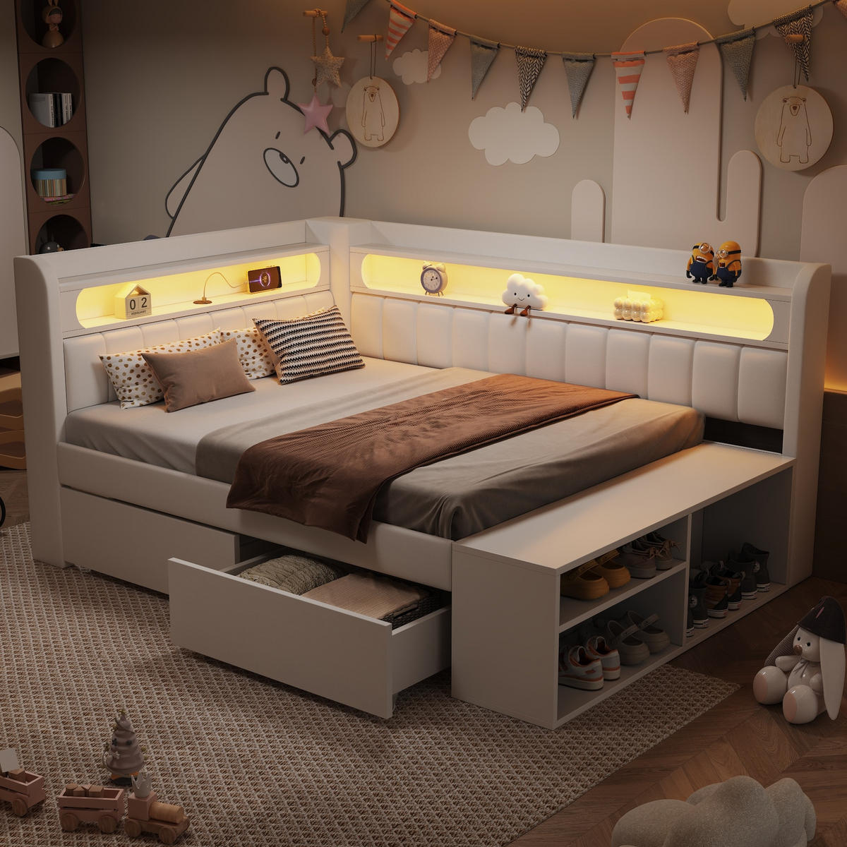 ČALOUNĚNÁ postel 90/200 cm bílá z MDF a překližky s LED osvětlením, USB a botníkem - bílá, kompozitní dřevo (90/200cm) - OKWISH