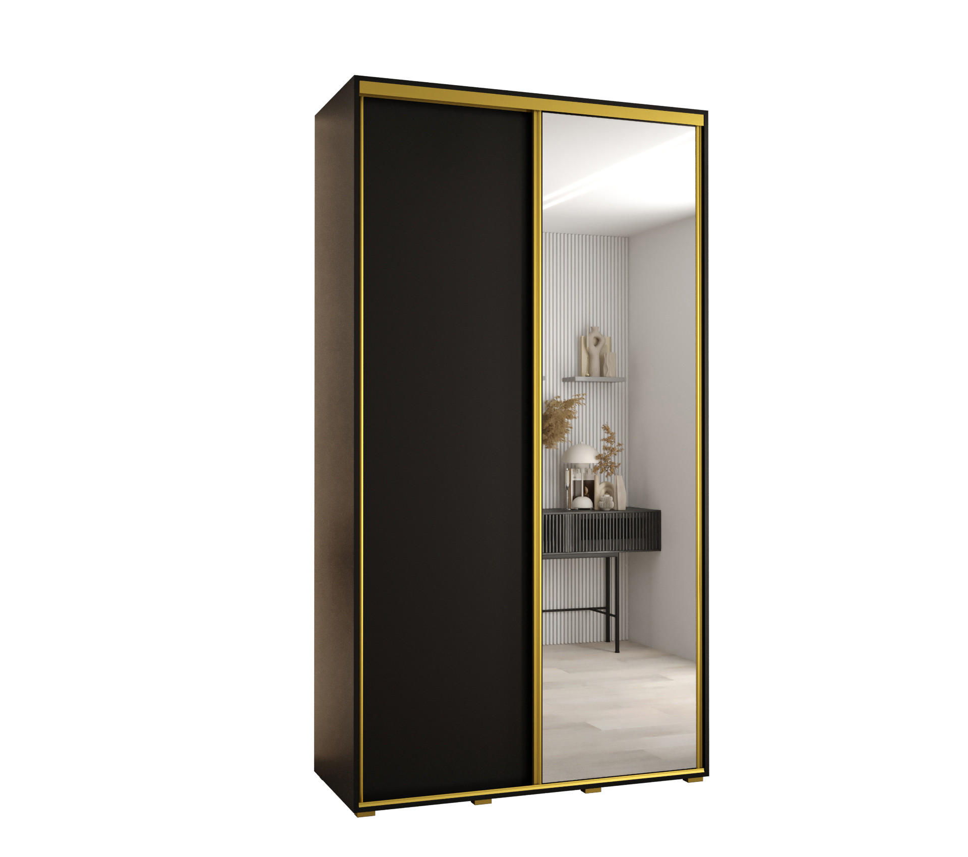 Abiks Möbel Schwebetürenschrank Schwarz, Schwarz, Gold 140x235x45 cm