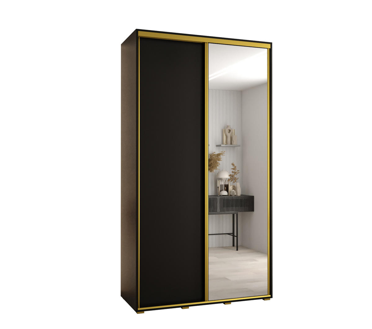 SCHWEBETÜRENSCHRANK 235,2/140/60 2-türig - Goldfarben/Schwarz, Holz/Metall (140/235/60cm) - Abiks Möbel