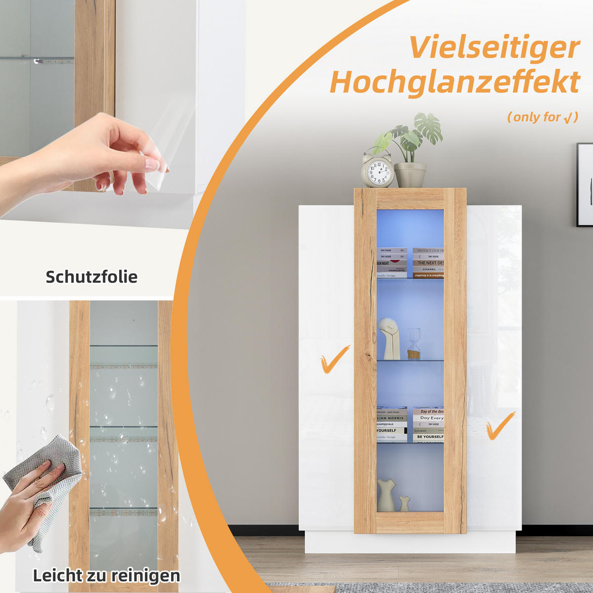 VITRINE 74/40/120 cm aus Spanplatte mit LED-Beleuchtung und Acrylfront Weiß/Natur - Weiß, Holzwerkstoff (74/120/40cm) - Modenvie