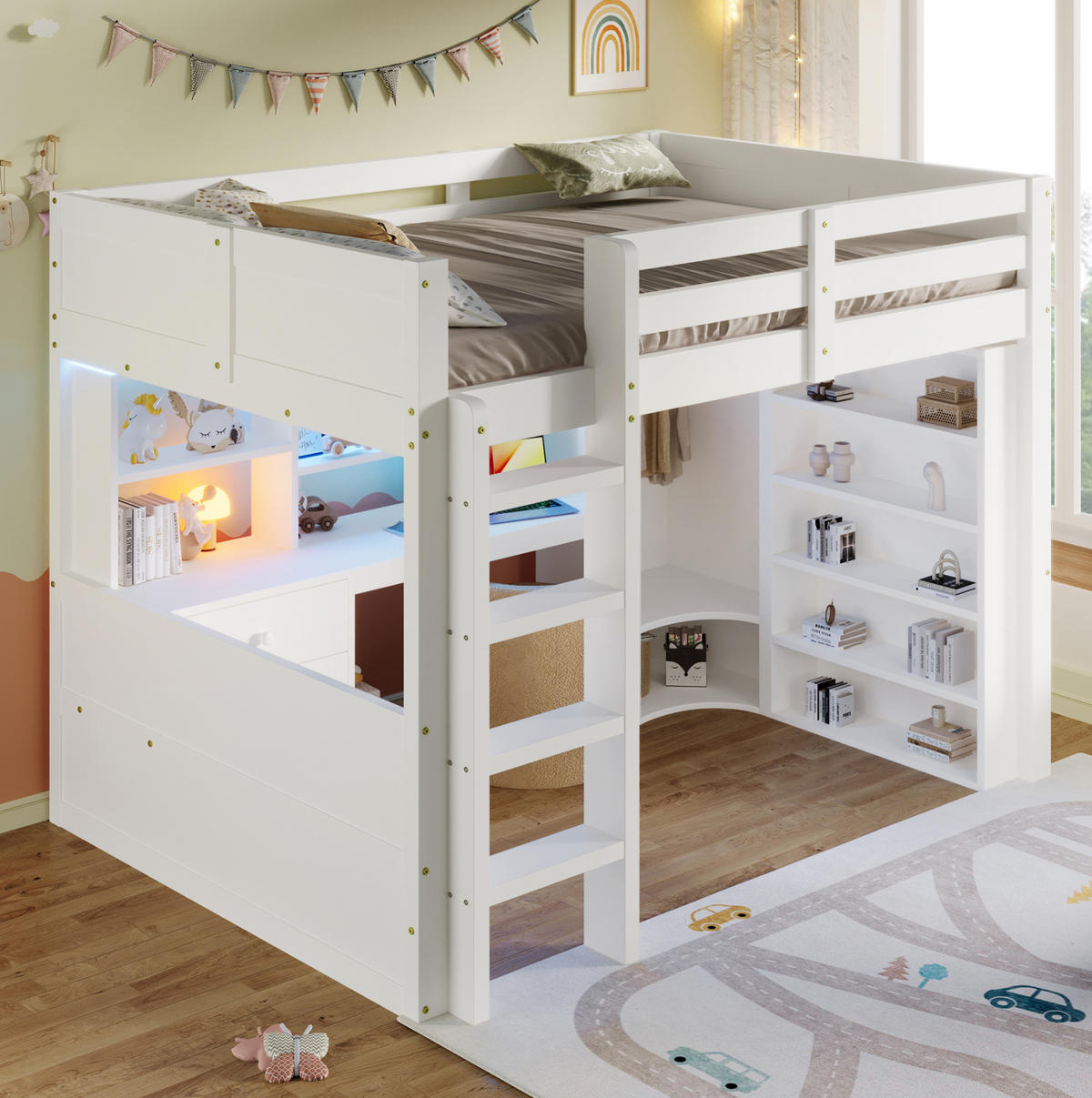 HOCHBETT mit LED-Leuchtleiste, Schreibtisch und Kleiderschrank, 140/200 cm, Weiß - Weiß, Holz (140/200cm) - MIVRAY