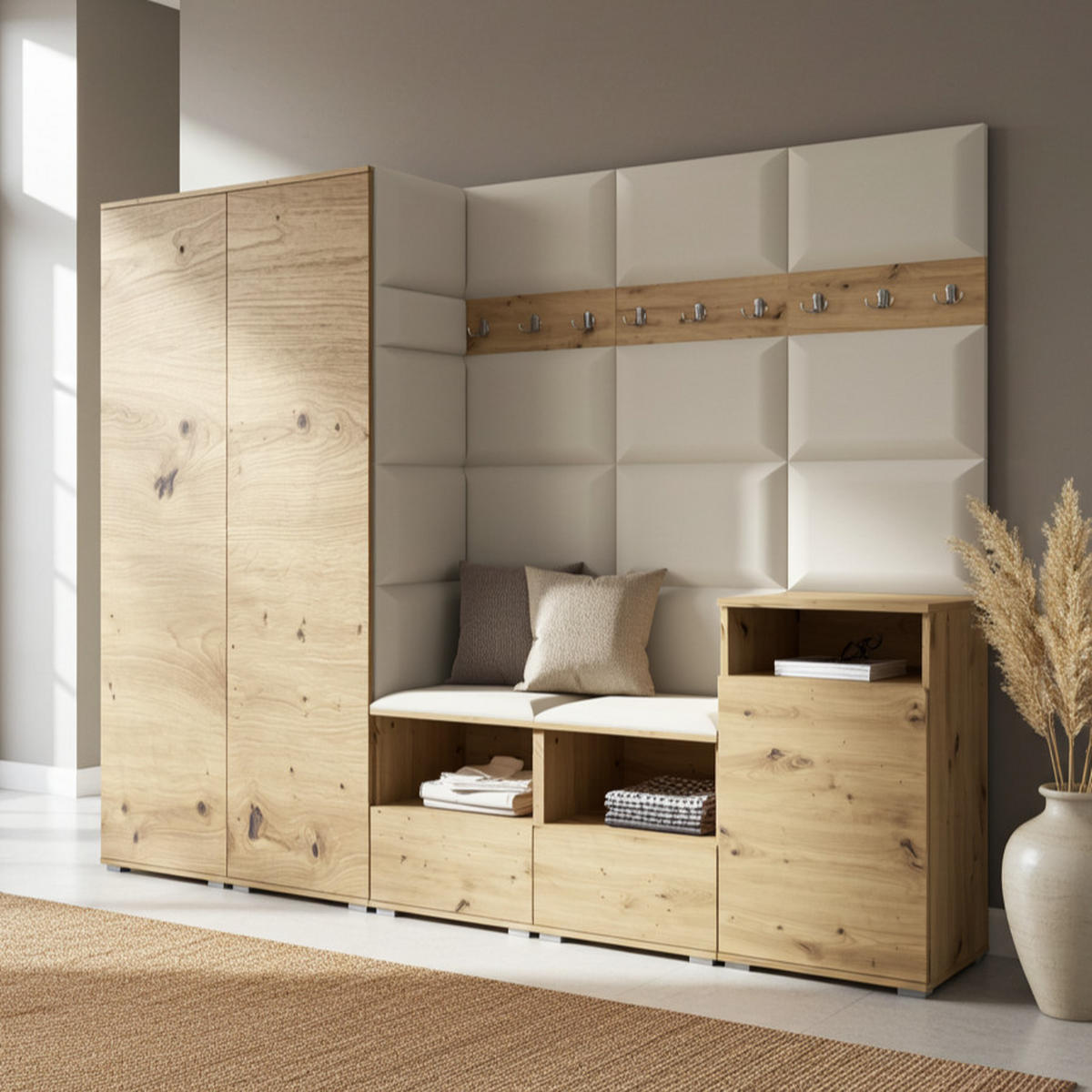 GARDEROBE NELA VIII 250 cm (Modulare Flurmöbel Artisan Eiche mit Sitzpolster Creme 01 2 Schränke + Sideboard) - Silberfarben/Creme, Holz/Holzwerkstoff (250/187/40cm) - Ravio