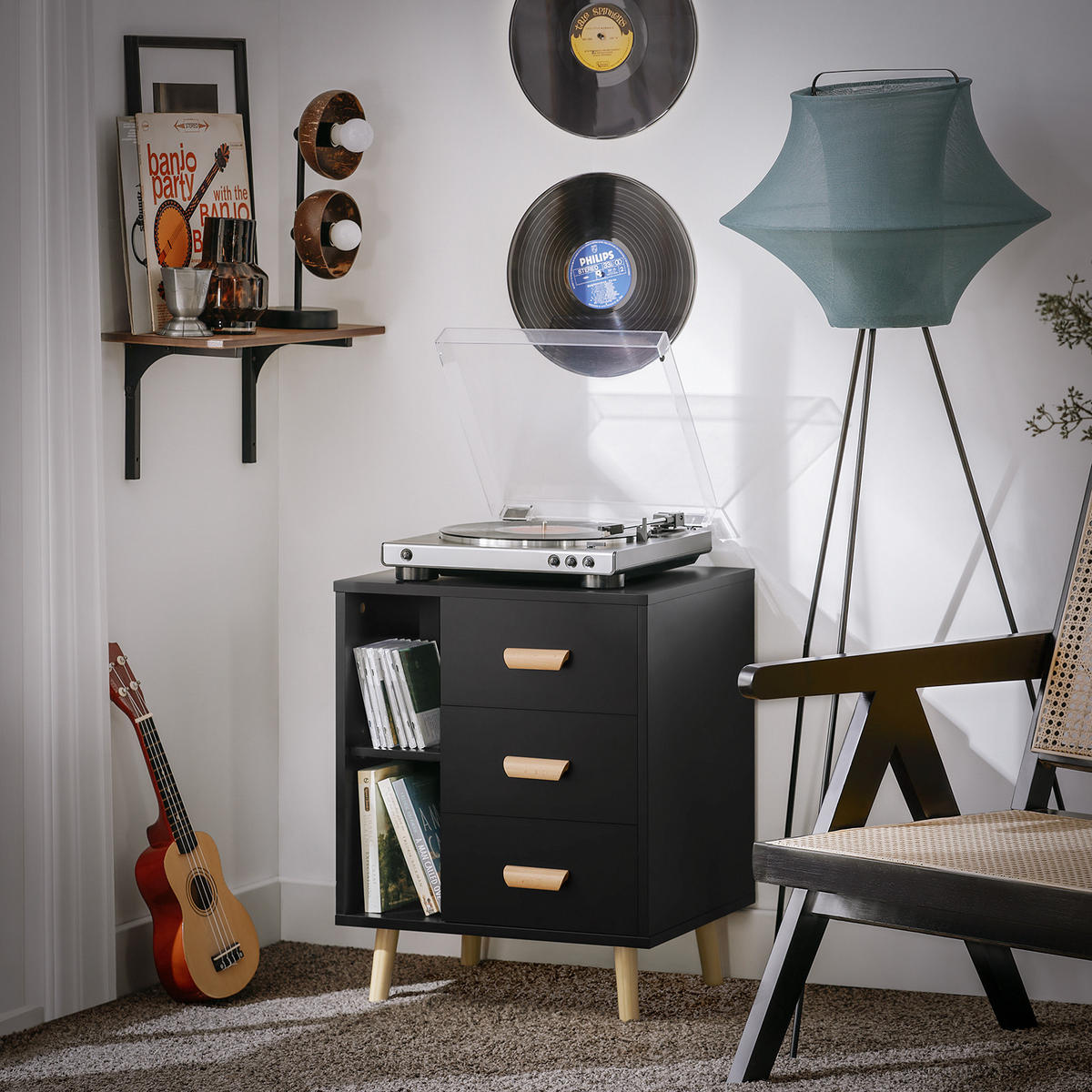 NACHTTISCH Schwarz - Schwarz, Holzwerkstoff (48/60/40cm) - SoBuy
