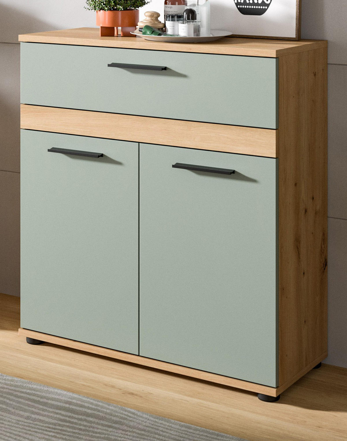 KOMMODE Salbei grün, Eiche Artisan 70 x 79 cm, Badschrank 2-türig - Salbeigrün/Schwarz, Holzwerkstoff/Kunststoff (70/79/31cm) - Inn.Furn
