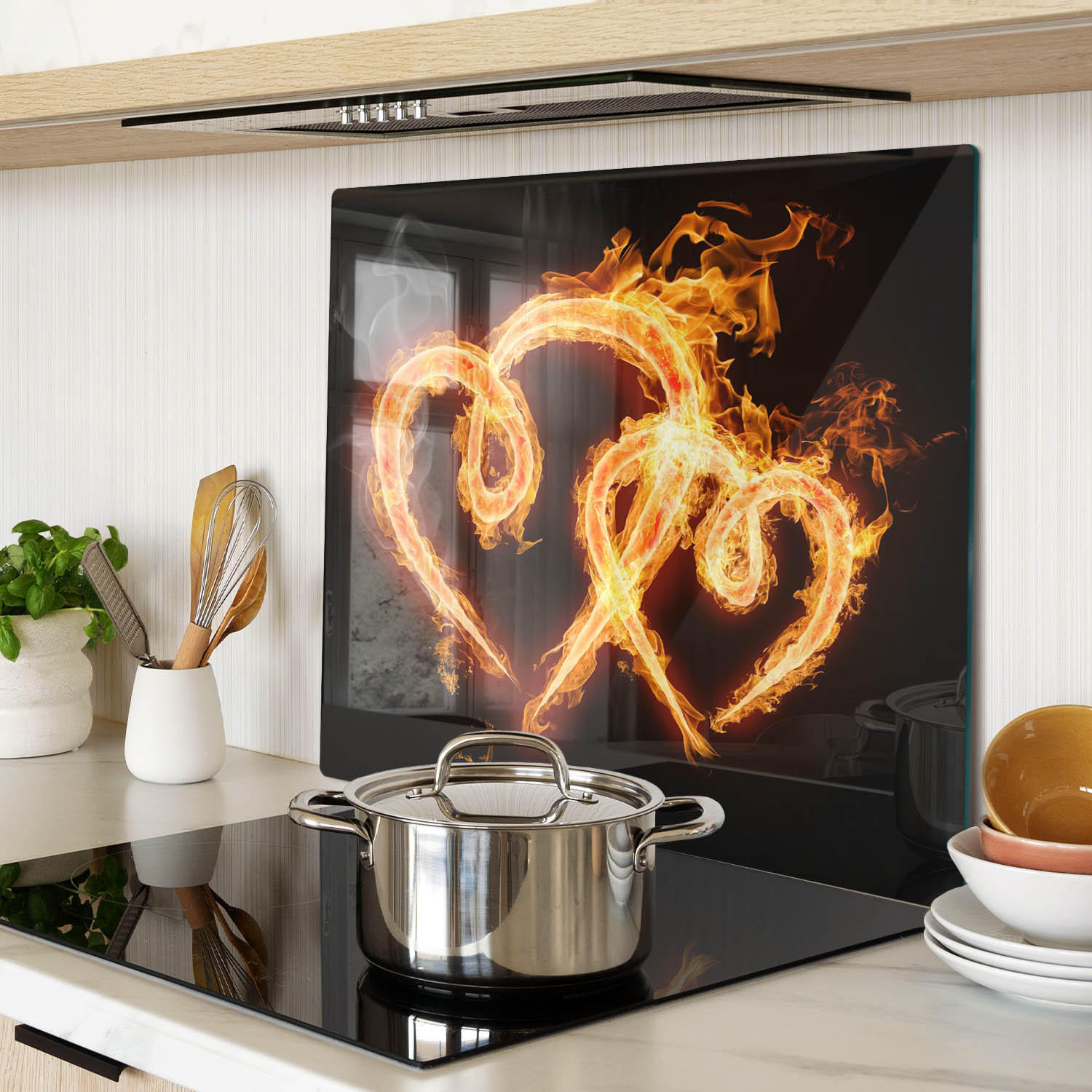 GLASPLATTE 60x52 cm Feuerherzen - Schwarz, Glas (60/0.4/52cm) - TULUP