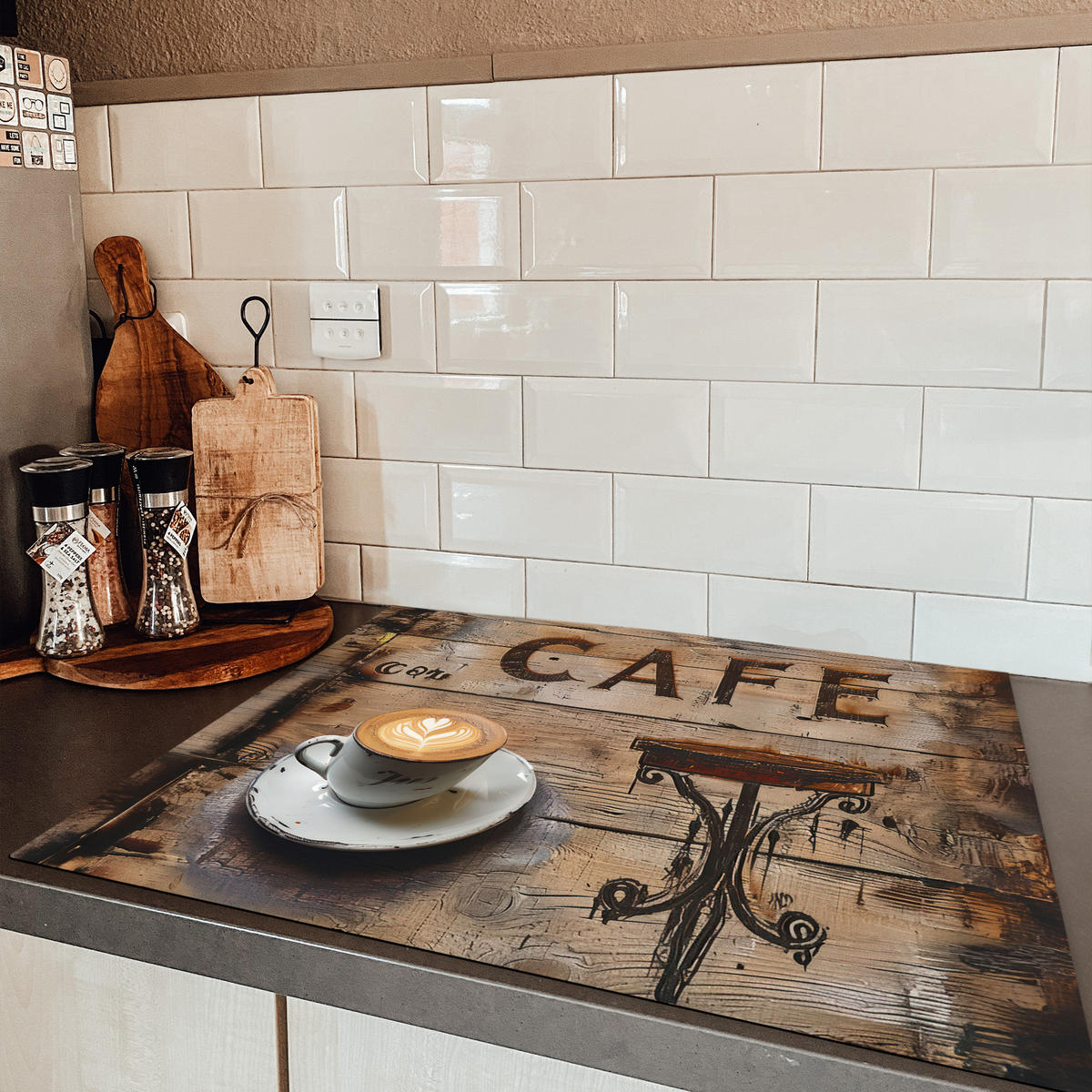 HERDABDECKPLATTE Cafe - Holz - Kaffee - Regale Induktionsmatte 77x59 cm - Schwarz, Kunststoff (77/59/0.2cm) - MuchoWow