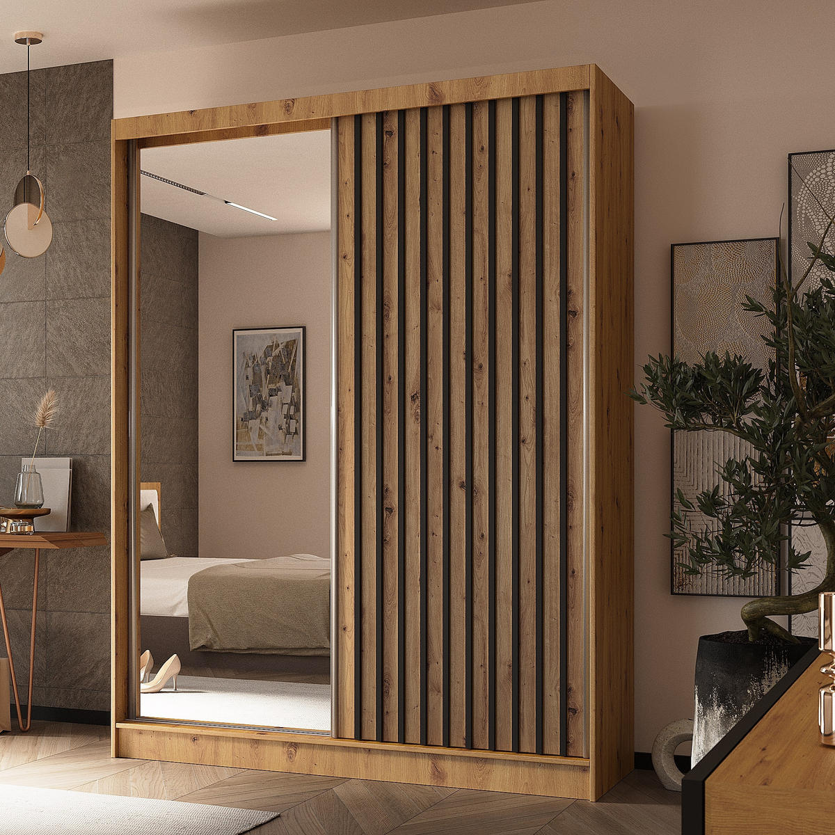 SCHWEBETÜRENSCHRANK LAMELLO 160/216/61 cm 2-türig mit Spiegel Eiche Artisan - Eiche Artisan, Holzwerkstoff (160/216/61cm) - MASSENO