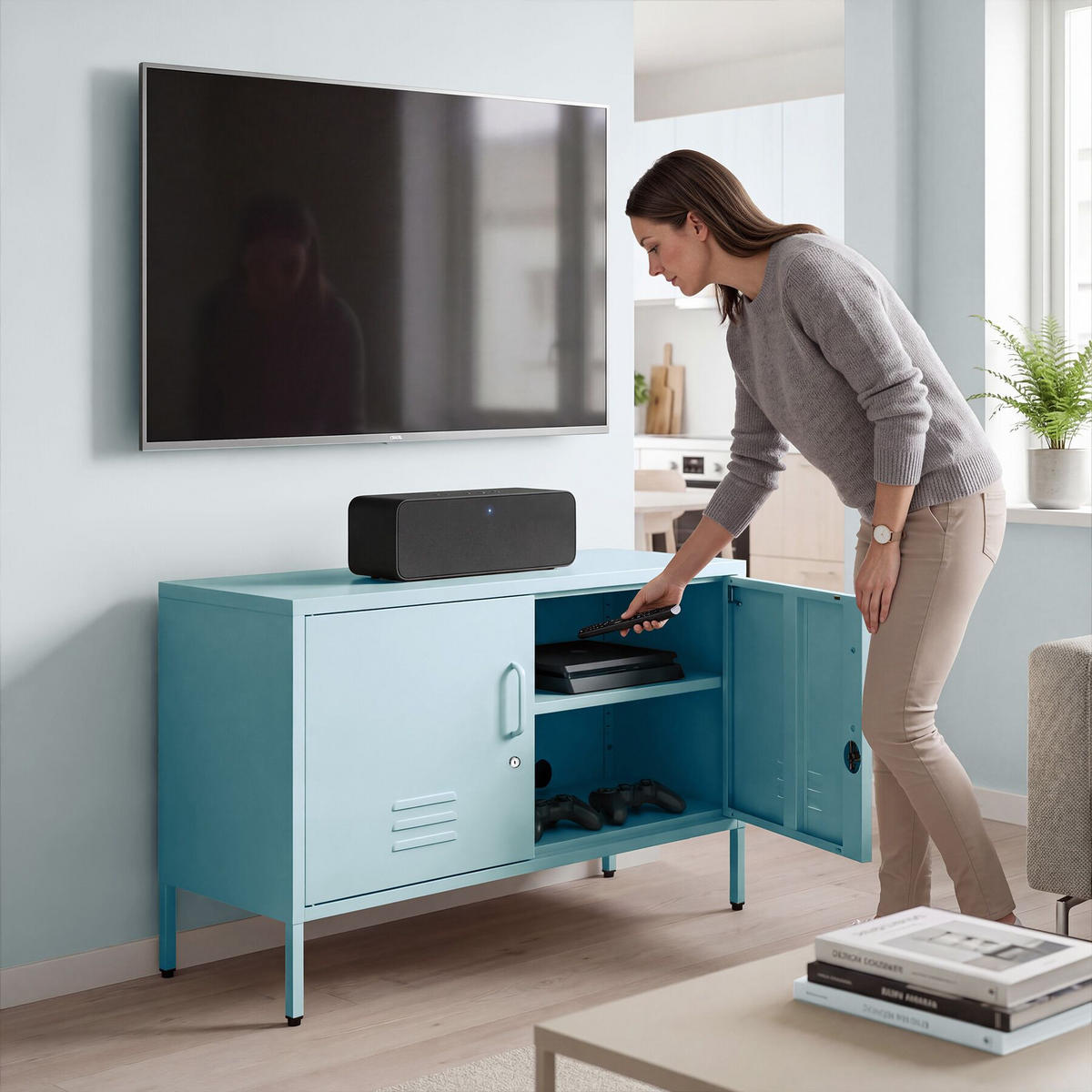 SIDEBOARD Baker, Kippschutz, höhenverstellbare Füße, grau/blau - Blau/Grau, Metall (100/65/42.5cm) - tectake