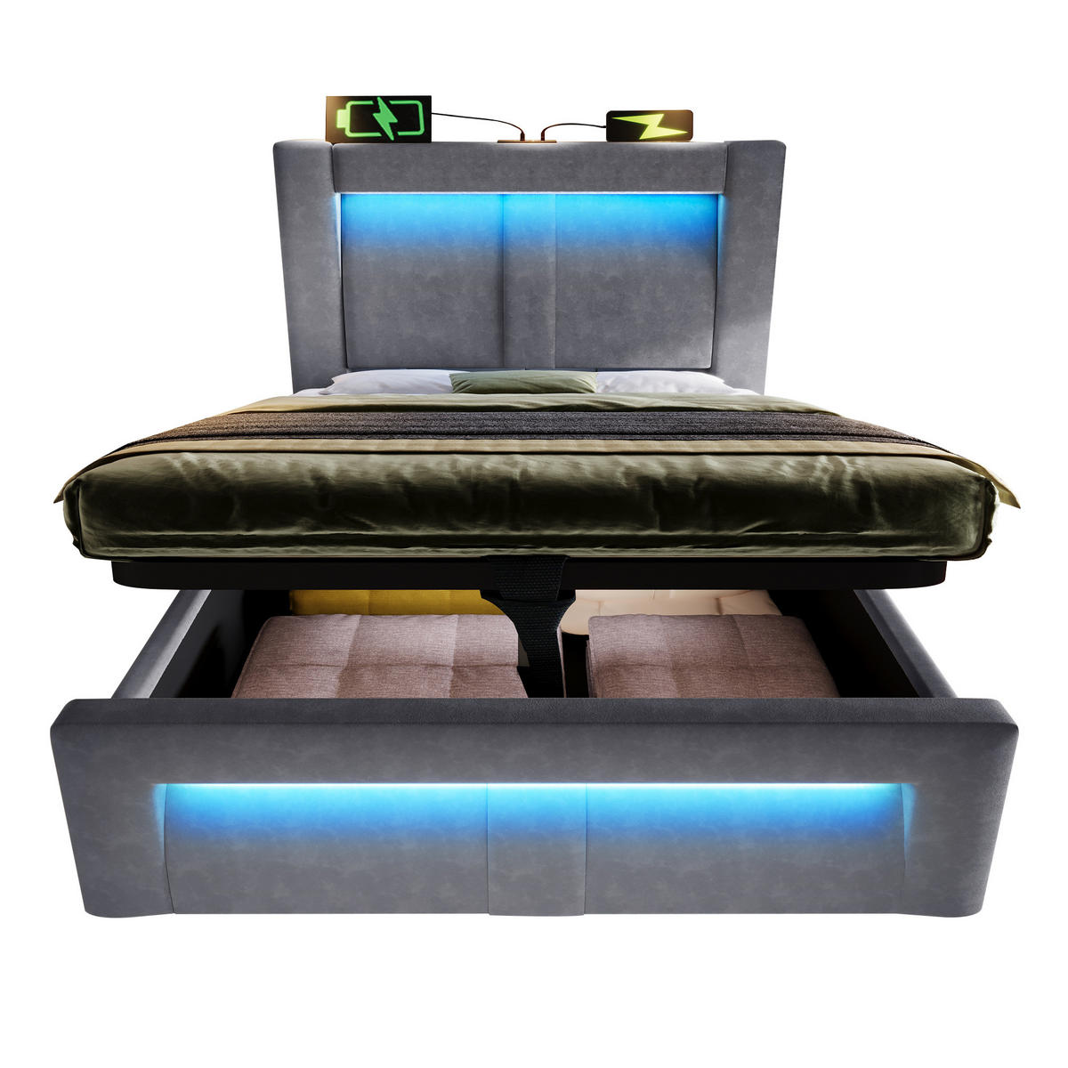 POLSTERBETT 90/200 cm Grau aus Samt mit Stauraum und LED mit Matratze - Grau, Textil (90/200cm) - OKWISH