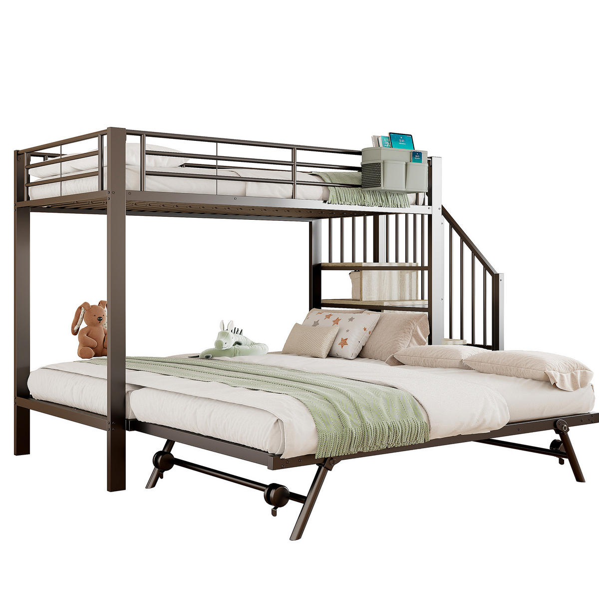 ETAGENBETT aus Metall 90x200/180x200 cm Schwarz mit Ausziehbett, Stauraumtreppe und Stofftasche - Schwarz, Metall (90/200cm) - Modfu