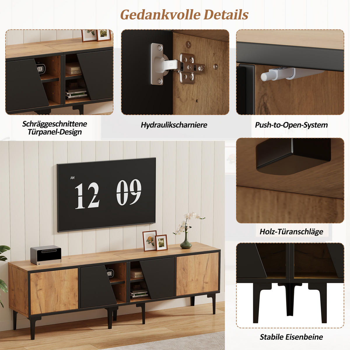 TV-LOWBOARD 160x36.5x45 cm Naturholz 4 Fächer Minimalistisch - Naturfarben, Holzwerkstoff (36.5/45/160cm) - FLIEKS