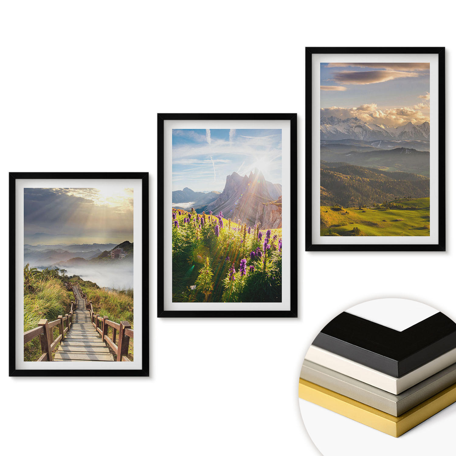 WANDBILDER 3er-Set - 40x60 cm Schwarzer Rahmen - Berglandschaft mit Blumen - Schwarz, Kunststoff (40/60cm) - ArtPrintCave
