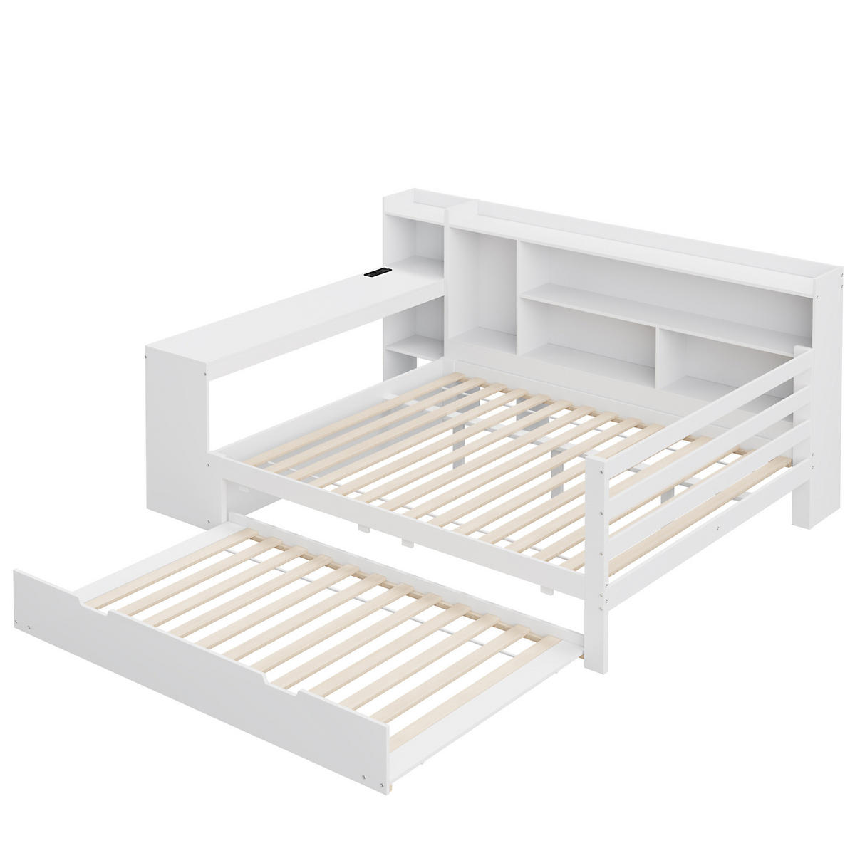 BETT aus 140x200 cm Weiß mit Ausziehbett, Schreibtisch, Regalen und Steckdose - Weiß, Holzwerkstoff (90/200cm) - Modfu