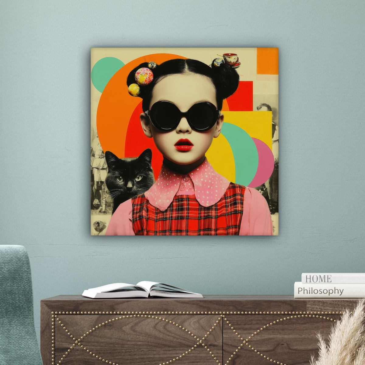 LEINWANDBILD Mädchen - Sonnenbrille - Katze - Retro Wandbild Wohnzimmer 50x50 cm - Beige, Textil (50/50cm) - MuchoWow