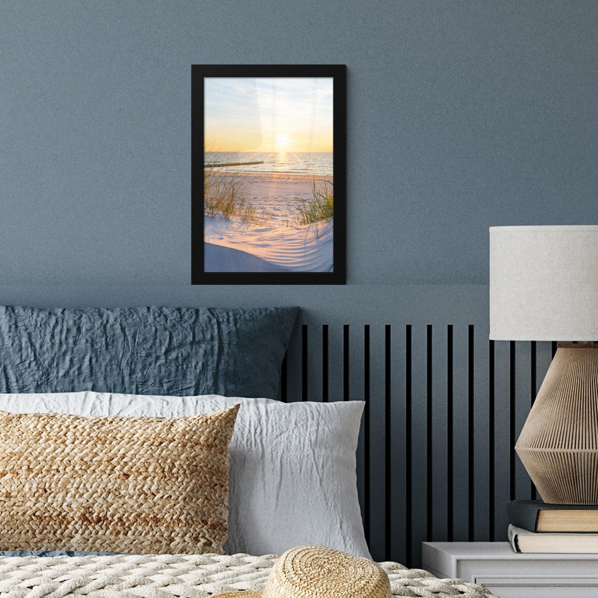 GERAHMTES BILD Strand - Sonne - Düne - Gras - Sand - Horizont 20x30 cm - Hellblau, Papier (20/30cm) - MuchoWow