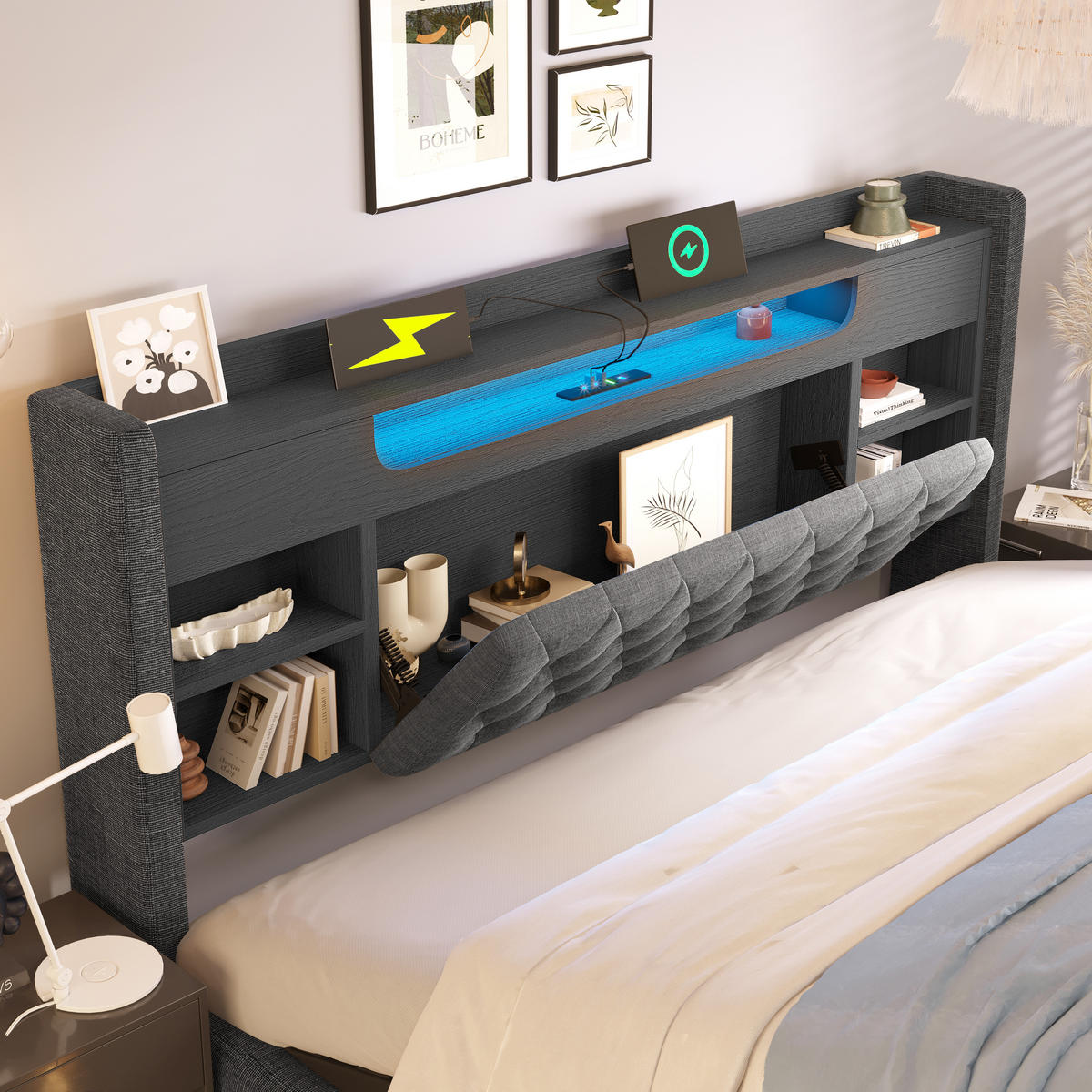 POLSTERBETT 140/200 cm in Grau mit LED, USB & Bettkasten aus Leinen - Grau, Holzwerkstoff/Textil (140/200cm) - CHICFURN