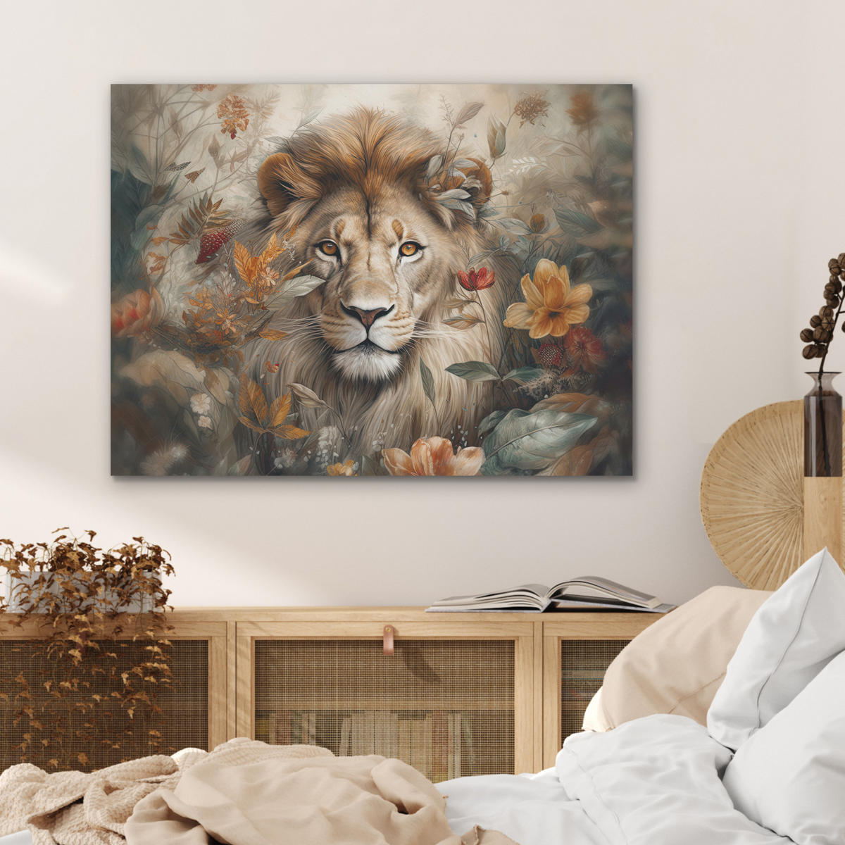 AKUSTIKPANEEL Löwe - Wildtiere - Pflanzen - Natur - Blumen 80x60 cm - Beige, Textil (80/0.9/60cm) - MuchoWow