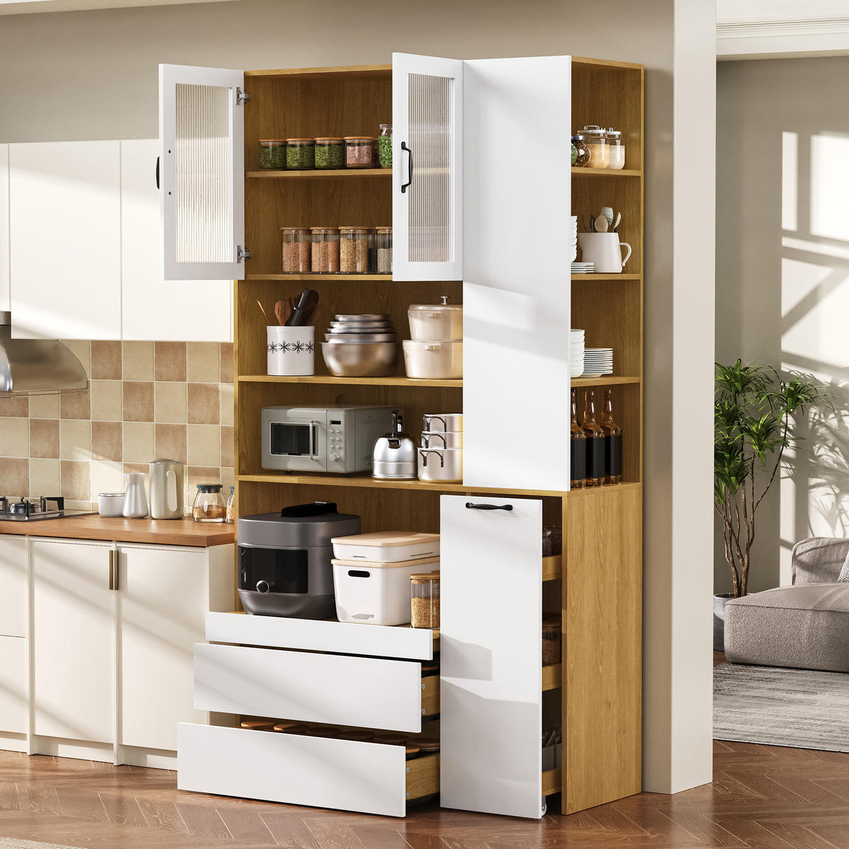 BUFFET Küchenschrank mit Riffelglas Herausziehbarer Ablage Viel Stauraum für Esszimmer Wohnzimmer Weiß Natur 100 cm - Weiß/Naturfarben, Glas/Holzwerkstoff (100/200/40cm) - EVRYAE