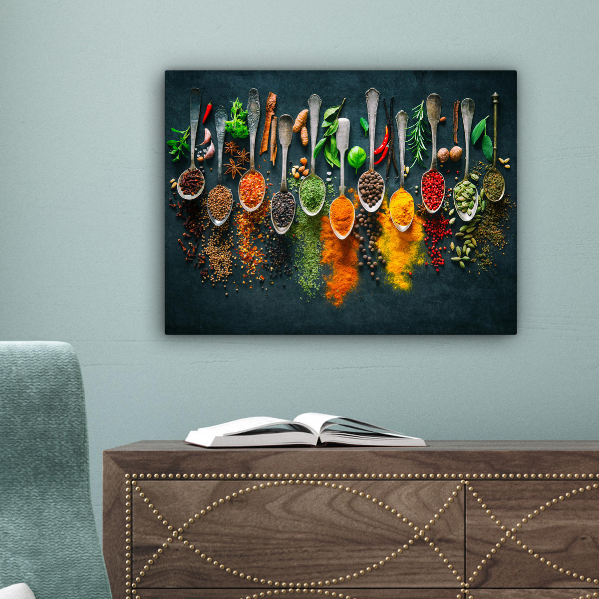 LEINWANDBILD Kräuter - Gewürze - Löffel Wandbild 40x30 cm - Currygelb, Textil (40/30cm) - MuchoWow