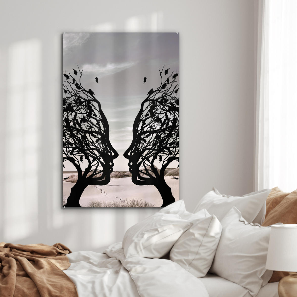 ACRYLGLASBILD Strand - Meer - Menschen - Baum - Moderne Kunst 60x90 cm - Hellgrau, Glas (60/90cm) - MuchoWow